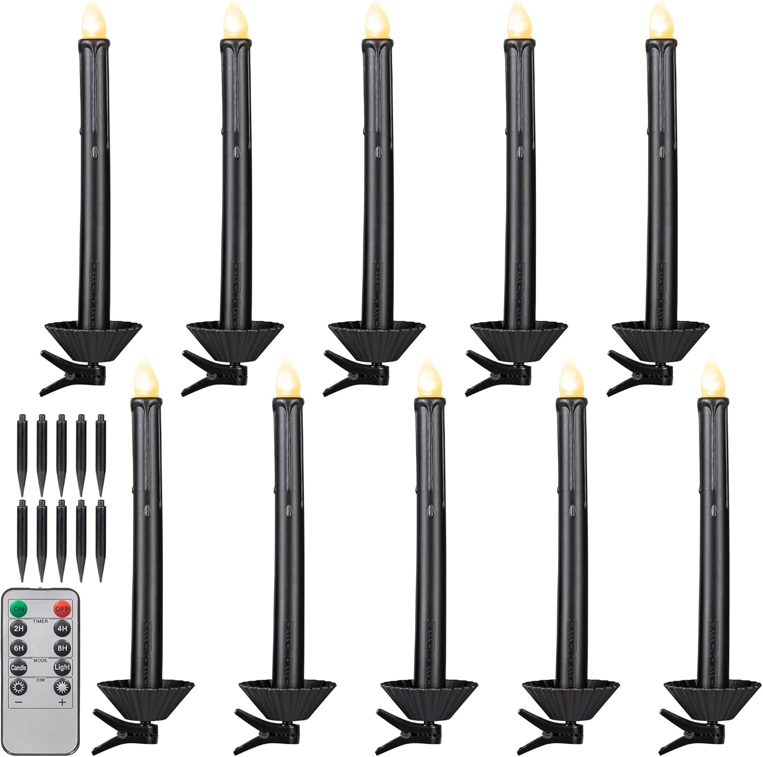 KI Store 10pcs Black LED Candles Clips and Stakes 8.2-Inch with Timer Remote Control for Halloween Christmas Tree Wreath Table Centerpieces Candle