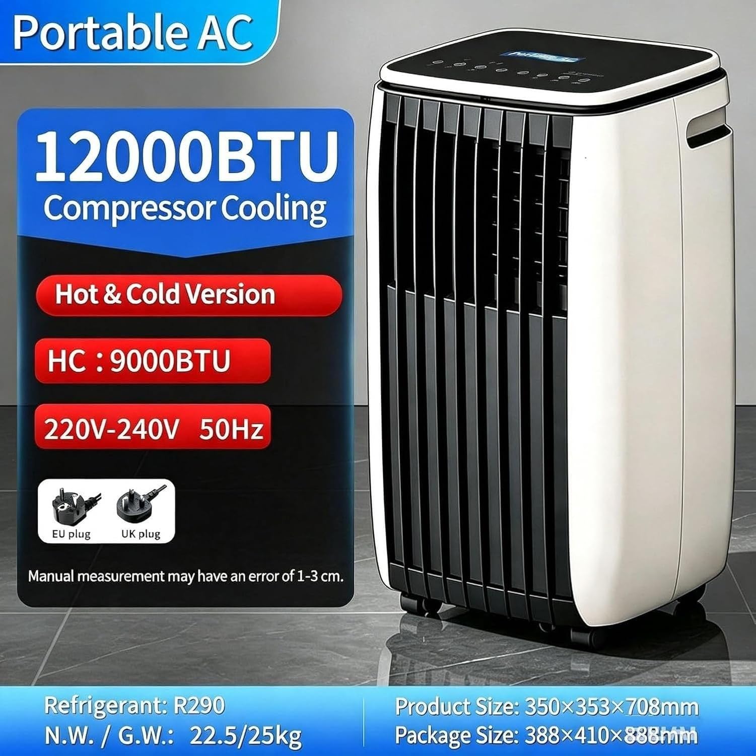 Climatizzatore Portatile 14000 BTU 2-in-1 Raffreddamento e Riscaldamento, Condizionatore d'Aria Autonomo con Ruote, unità Mobile Compatta per Soggiorno, C+Hot & Cold 12000 Btu, C+Hot & Cold 12000 BTU