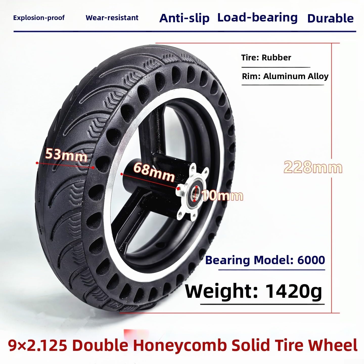 Roue de pneu solide 9 x 2,125 pour scooter Xiaomi Charge 100 kg (10 mm)