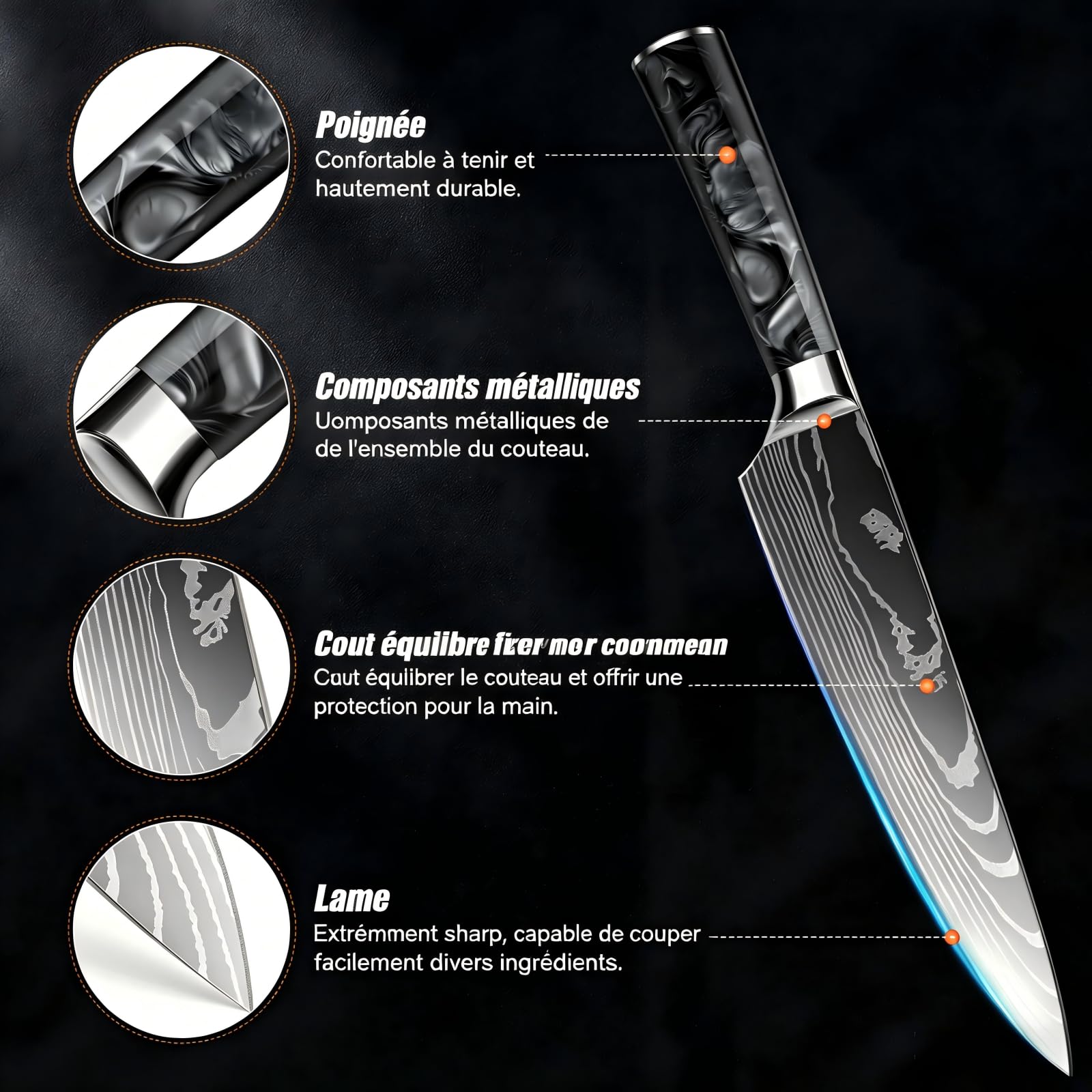 Coffret de couteaux, 10 pièces, manche en résine, ensemble de couteaux de cuisine avec couteau de chef, couteau à pain, couteau santoku et couteau d'office, motif Damas (Noir)