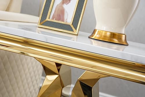 Vista 7 de Henf Mesa consola de mármol sintético, mesa de entrada de mármol blanco de lujo con base de acero inoxidable con espejo dorado, elegante mesa