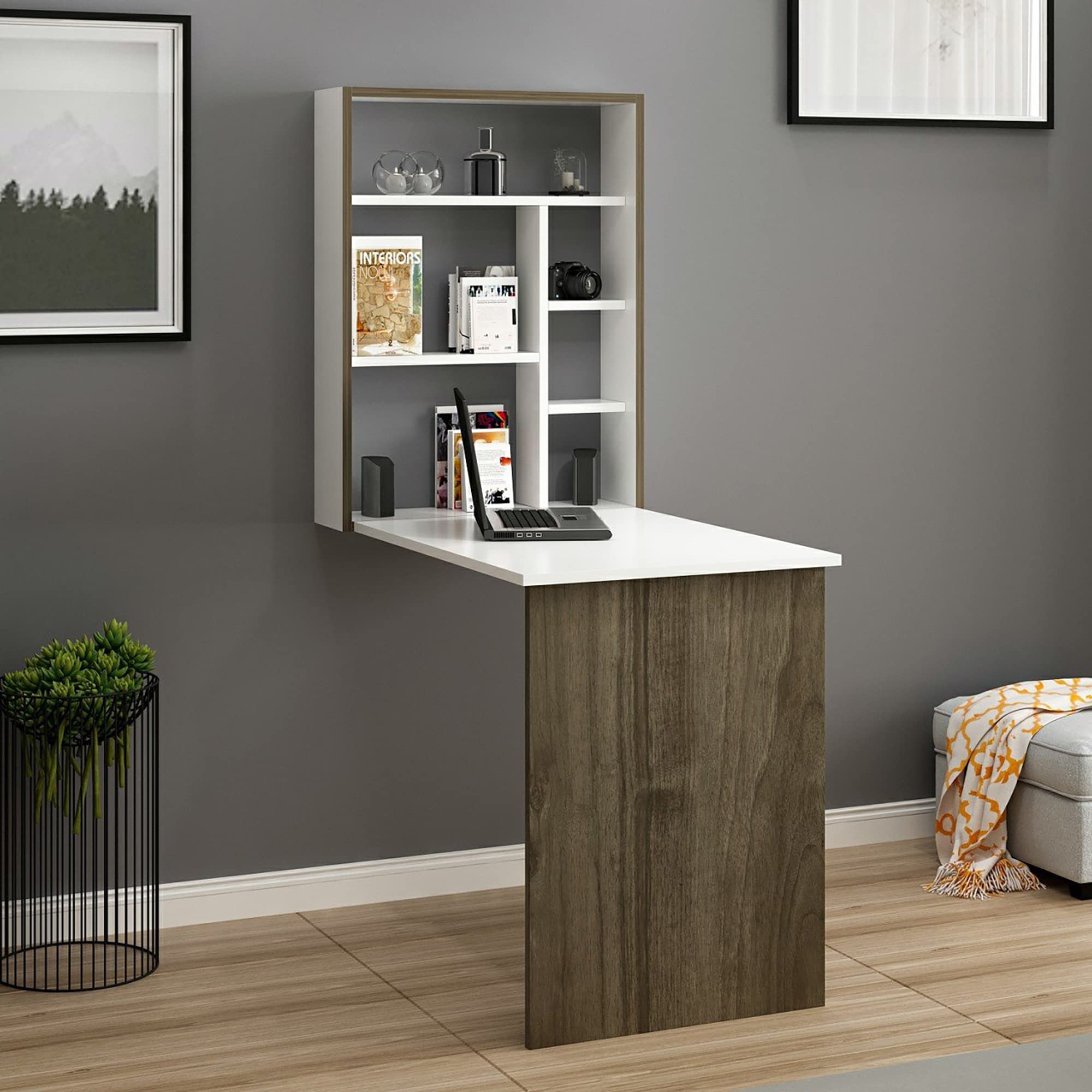 [en.​casa] Escritorio Plegable de Pared Mesa de Cocina con Estantes para Habitaciones Pequeñas Aglomerado Plegado 82 x 62 x 16 cm Blanco/​Nogal