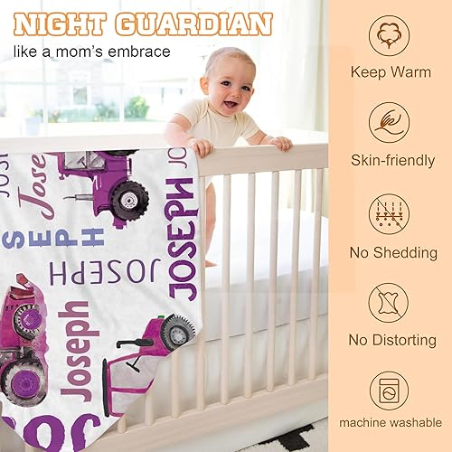Miniatura 5 de Mantas de tractor con nombre personalizado, mantas de bebé de felpa suave para niñas con patrón de tractor impreso y puntos elevados relajantes,