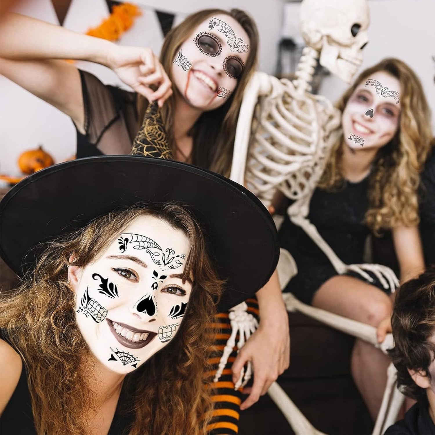 Tatuaże na twarz z motywem "Dzień Zmarłych", 10 sztuk – tymczasowe tatuaże z czaszką, wodoodporne róże na Halloween, karnawał, Dia de los Muertos – dla kobiet, mężczyzn, dzieci (wielokolorowe