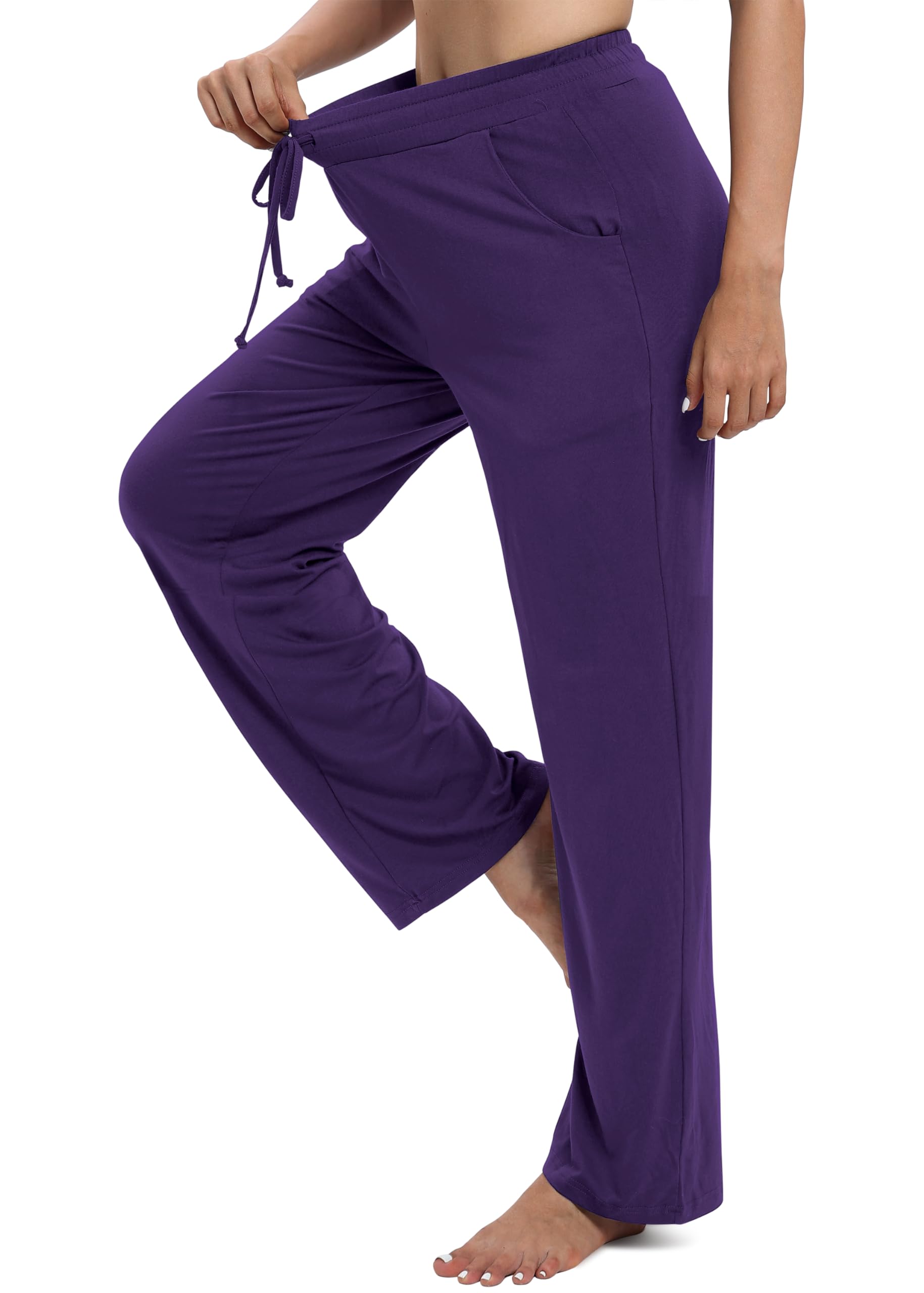 EXCHIC Mujeres Casual Piernas Rectas Largo Pantalones de Cuerda Cintura Elástica Yoga Pantalones con Bolsillo