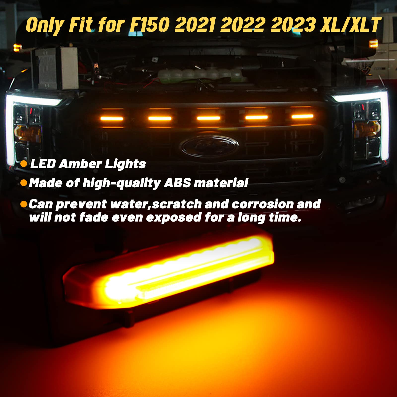 5PCS Grille Lights LED Amber Front Grille Makers Lights Accessories Compatible with 2021 2022 2023 F150 XL/XLT/XLT Sport Wiring Harness Kit fit