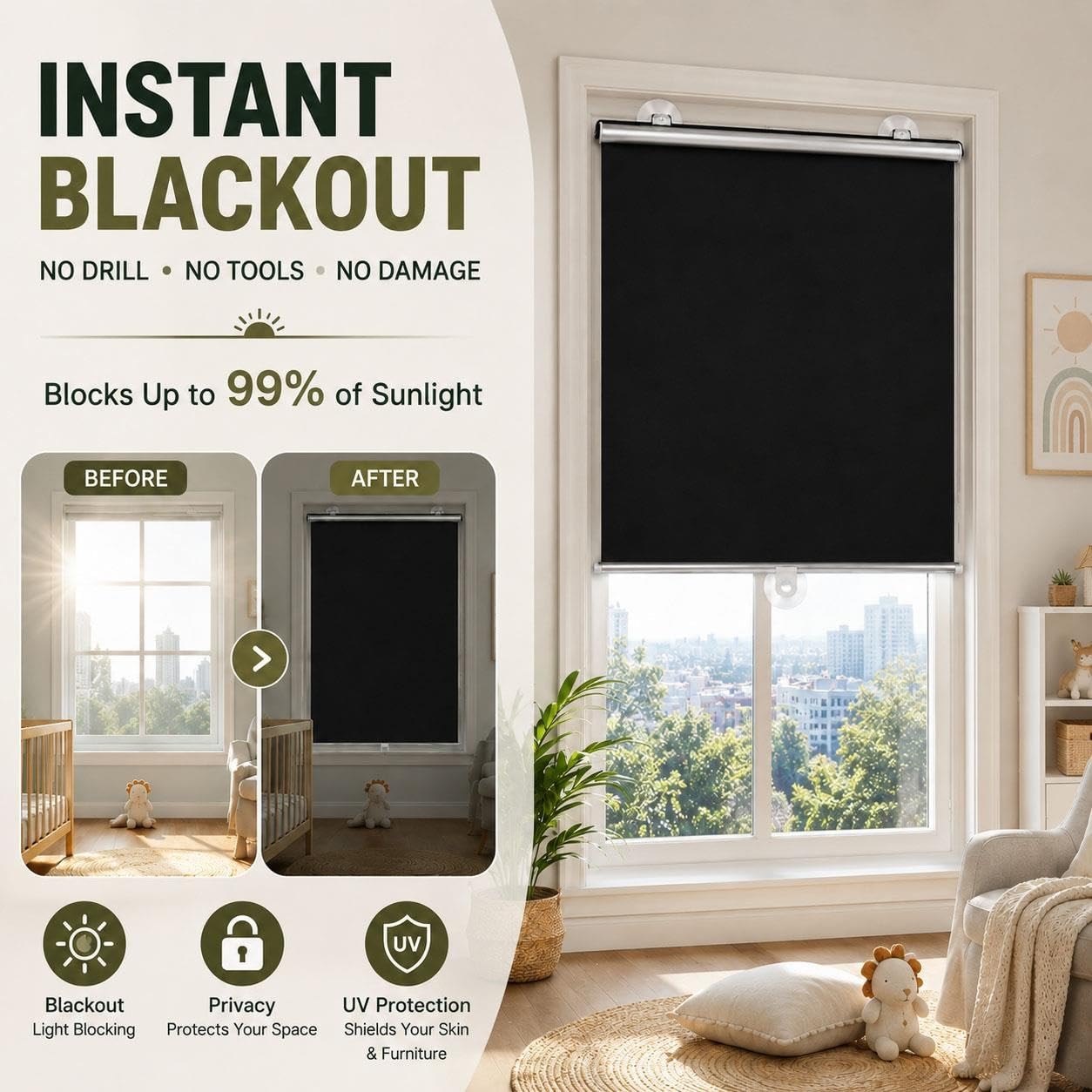 Store Enrouleur Occultant à Ventouses pour Fenêtres, Store Rétractable à Tirer sans Perçage, Protection Solaire et Intimité pour Chambre, Bureau, Cuisine, Camping-Car(W 65 x 160 cm)