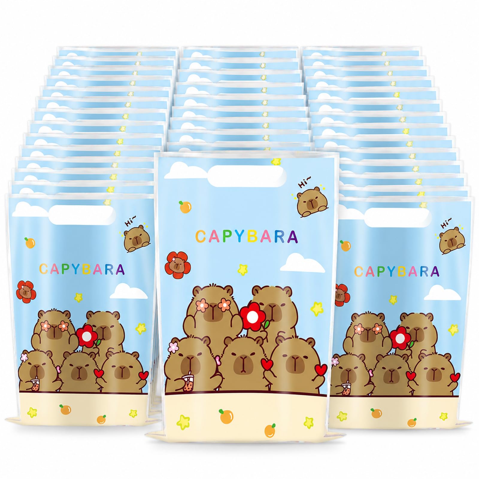 50-Pack Capybara Party Bags, Pearl Film Goodie Bags for Kids, Moisture-Proof Plastic Party Bags for Birthday Holiday Celebrations Daily Storage, 9.8 x 6.5 in