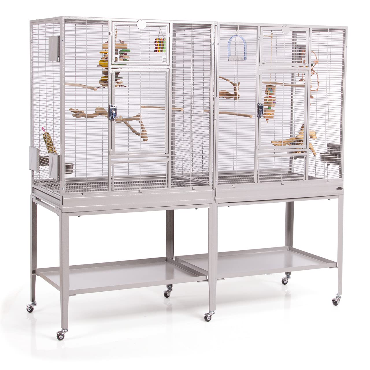 Premium Vogelkäfig New Madeira Double für Finken, Sittiche, 6 Lenkrollen, 4 Edelstahlnäpfe, AVILON Pulverbeschichtet, (Madeira Single + Anbaukit) | ca. 165 x 56 x 158cm