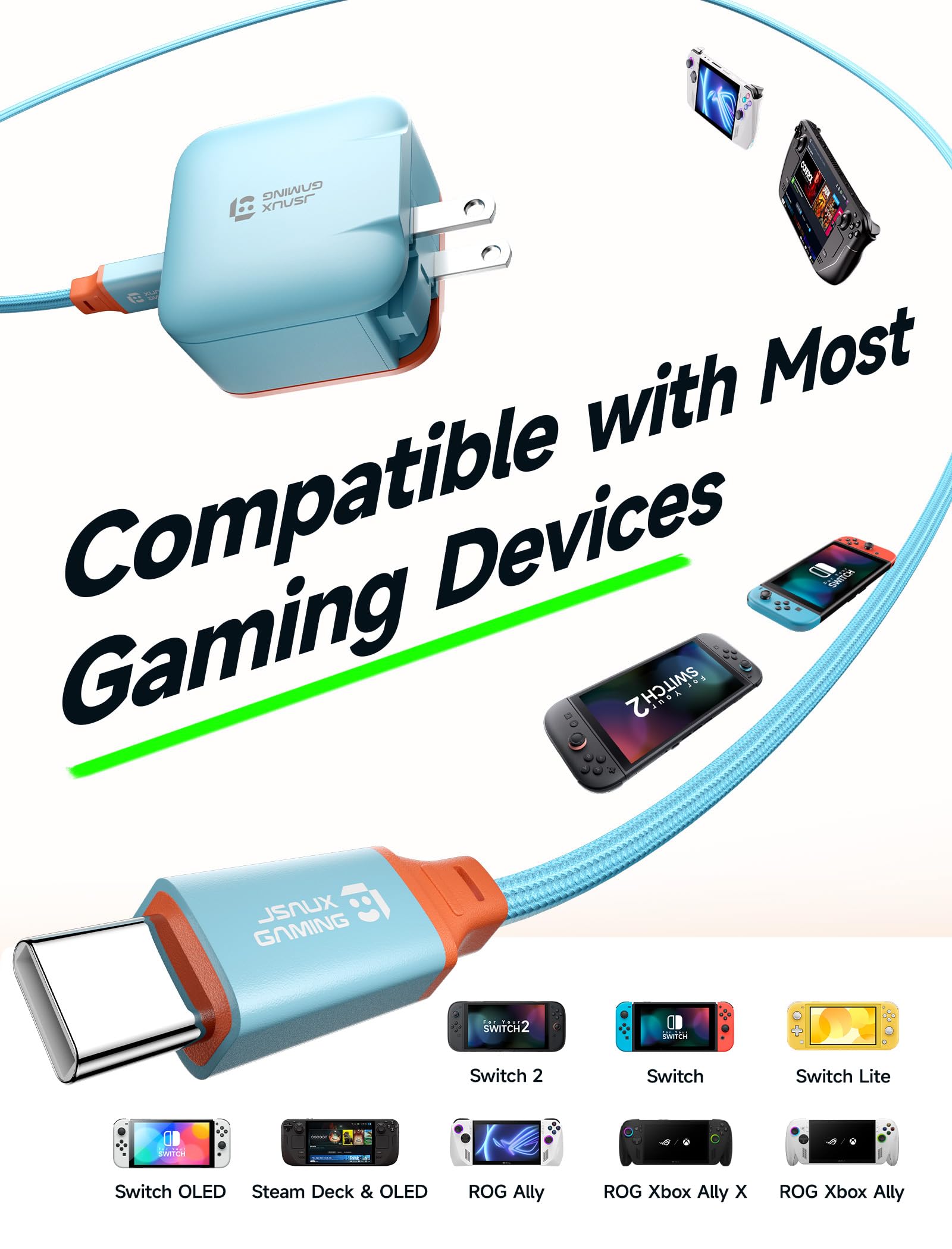 JSAUX Chargeur USB C 65W JSAUX pour Nintendo Switch 2 (alimentation en mode TV), prise EU/UK, câble 2m, charge rapide GaN PD pour ROG Ally, Steam Deck, Switch, iPhone, tablette, ordinateur-Blanc Cassé