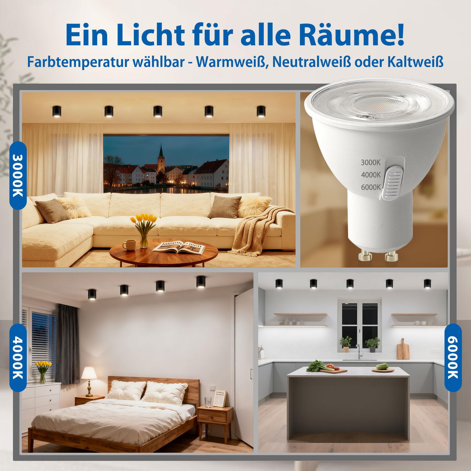 ZIZZLER 6 Stück Aufbauspot Schwarz für Flur Küche Badezimmer, Drei Farbtemperaturen 6.5W Deckenspot Led Spot Aufputz Schwenkbar, Alu Aufbaustrahler, Deckenstrahler, Ceiling Downlights