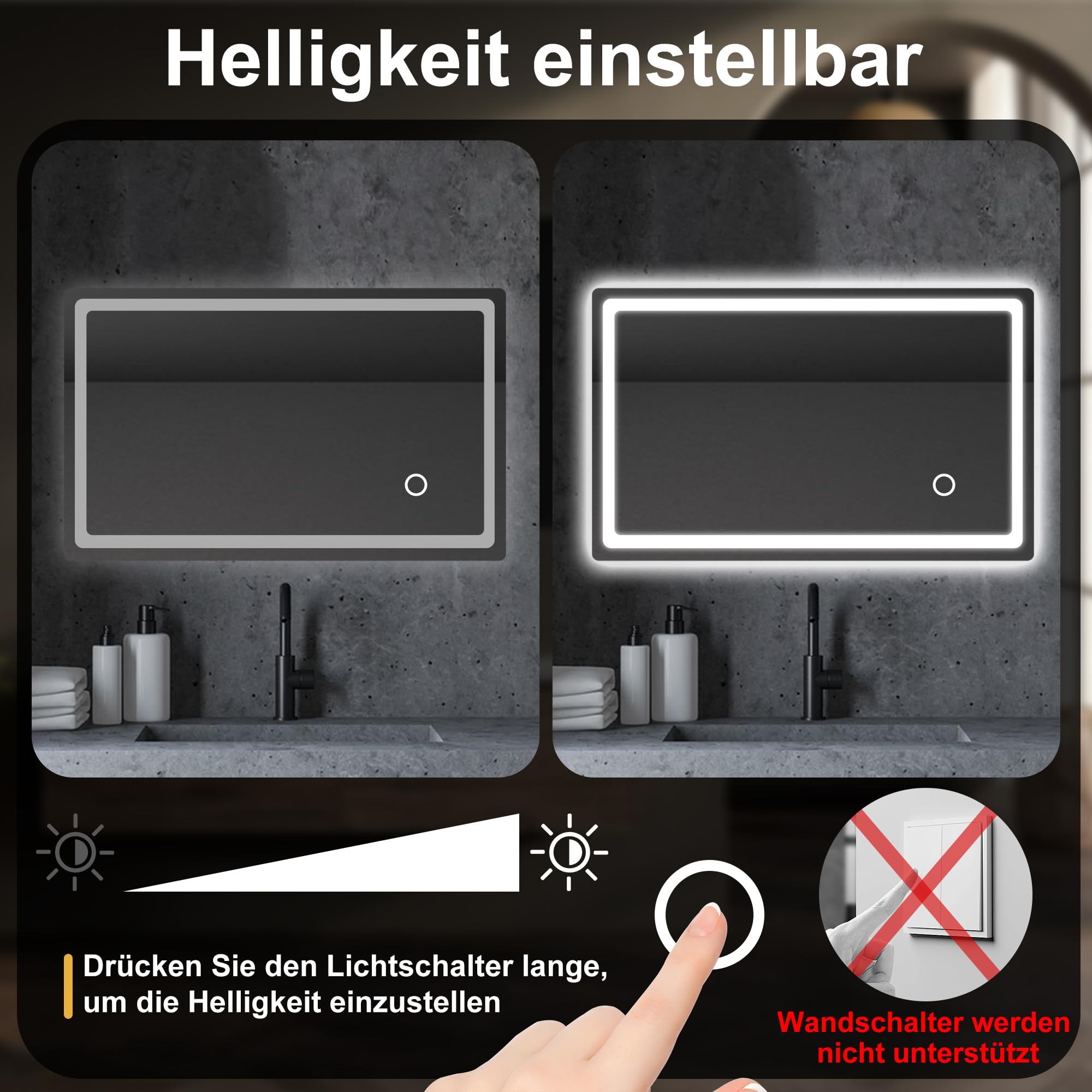 Badspiegel mit Beleuchtung, 40x60cm Wandspiegel mit Stecker, Kaltweiß | Spiegel mit Licht für das Badezimmer, Badezimmerspiegel fürs Bad mit Touch-Schalter 6000K