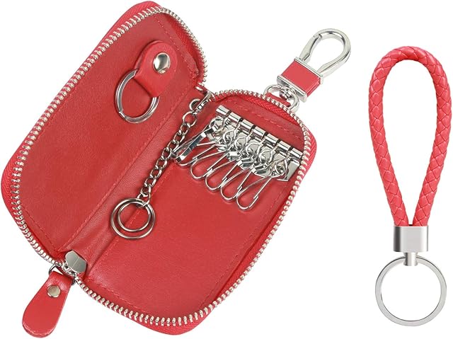 ZoomSky Leather Key Case Wallet Zipped Key Holder Case Keyring Purse Pouch Remote Wallet Bag with 6 Hooks & 1 Car Key Hook for Men Women (Red)