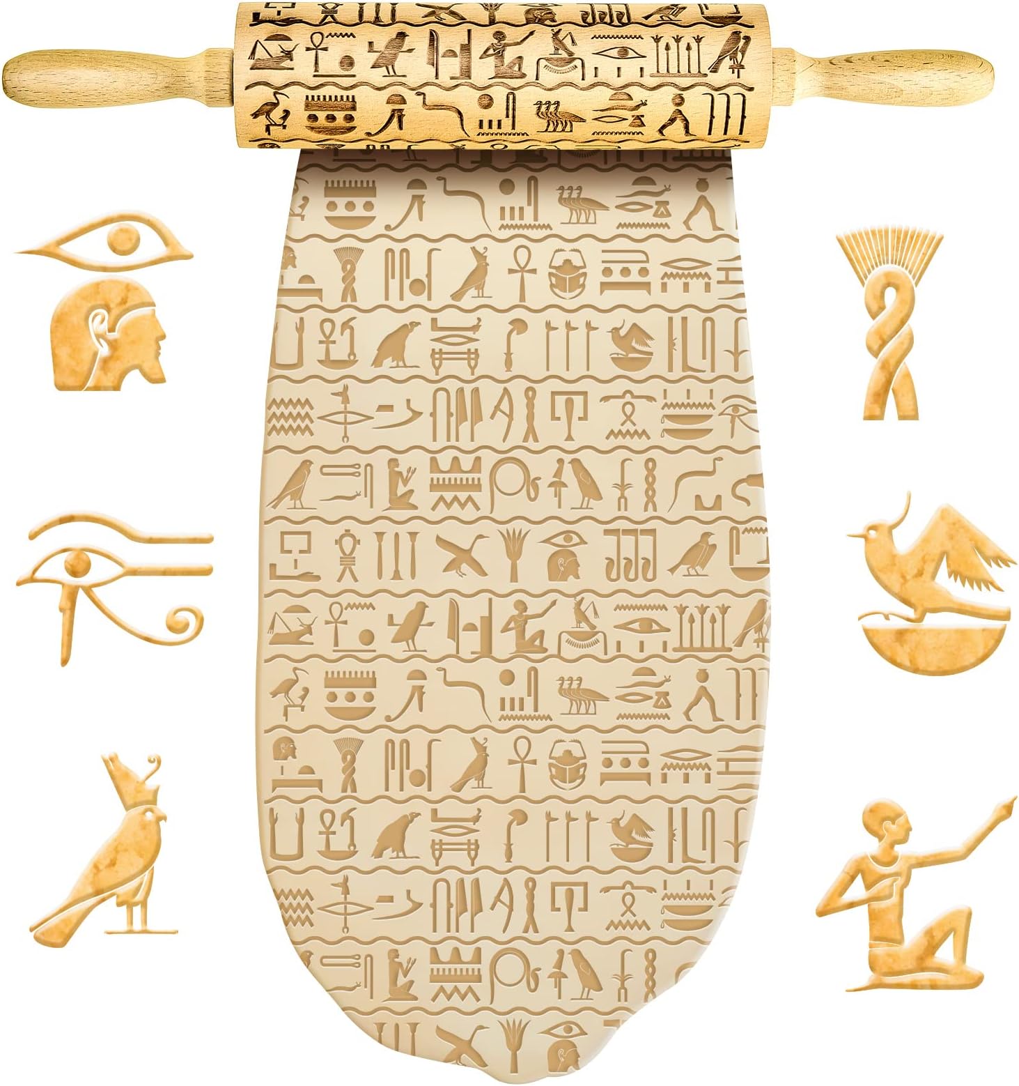 Hortsun Rolling Pins for Baking Egypt Hieroglyphs Engraved Embossing Rolling Pin 15 Inch Embossed Rolling Pin Dough Roller Cookie Mold for Egyptian Theme Baking Embossed Cookies for Cookies Pottery