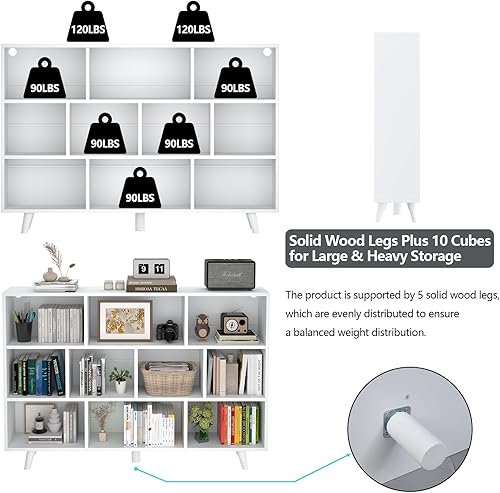 Miniatura 7 de Estantería para libros de 10 cubos con luces LED, estantería blanca de 3 niveles con patas de madera maciza, organizador de almacenamiento abierto