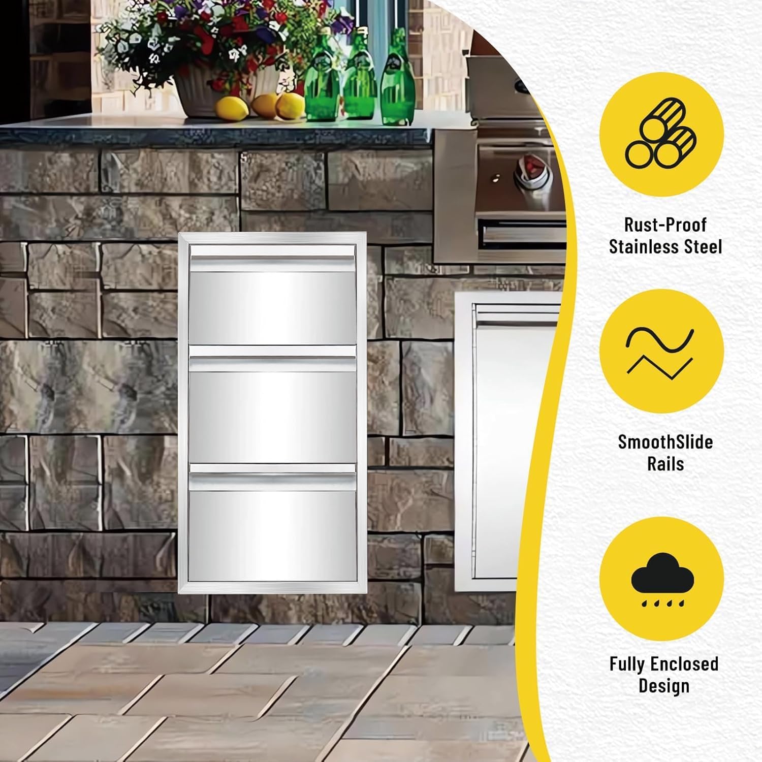 Outdoor Kitchen Drawer, Stainless Steel Tilting Paper Towel Holder Drawer Plus Double Drawers Combination, 17W 30H 21D Double Wall Outdoor Kitchen Drawers