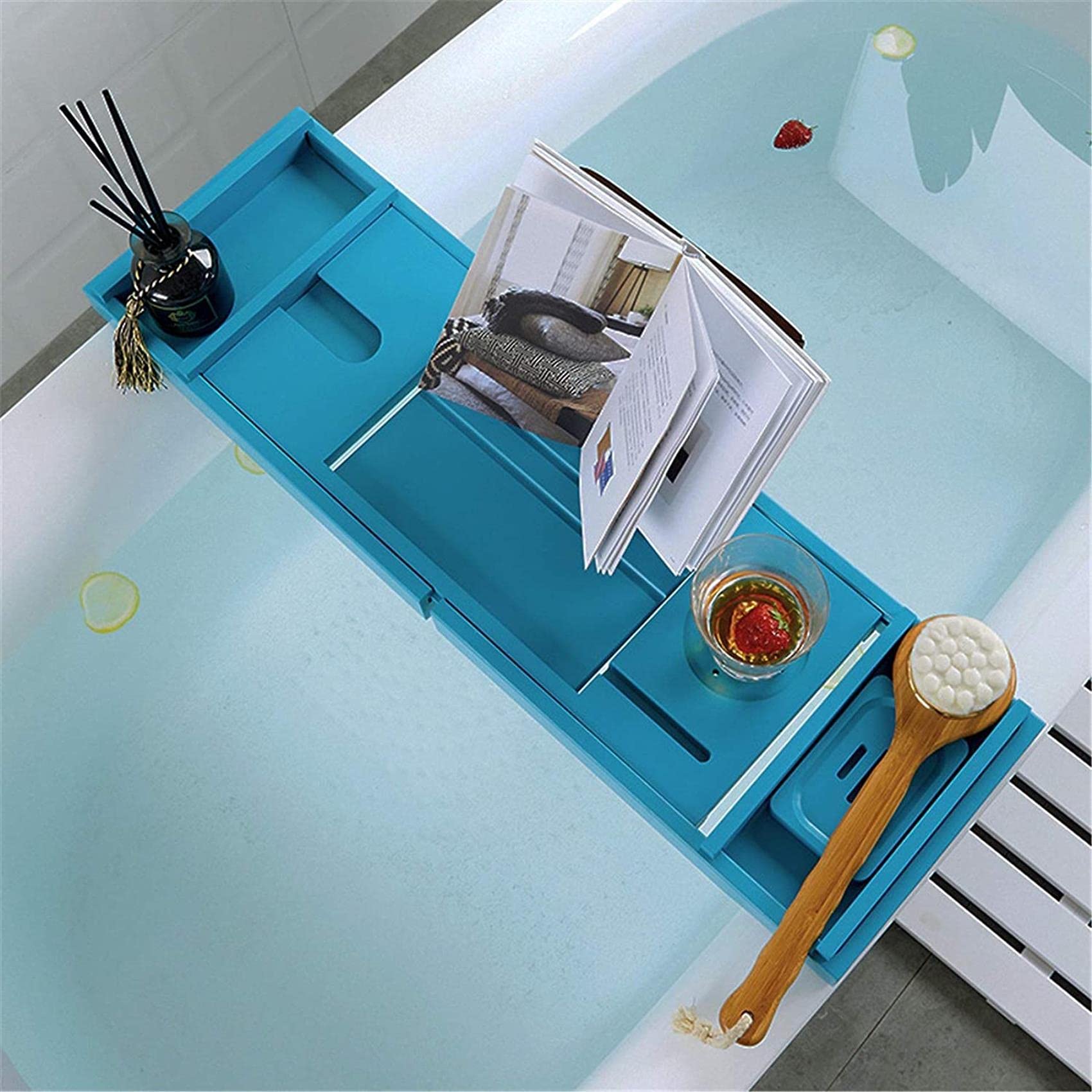 Bandeja para bañera Bandeja para bañera de bambú Bandeja para bañera de Hotel Bandeja para bañera retráctil Bañera Ajustable Antideslizante (Color : Blue, Size : 75x23cm) (Blue 75x23cm)