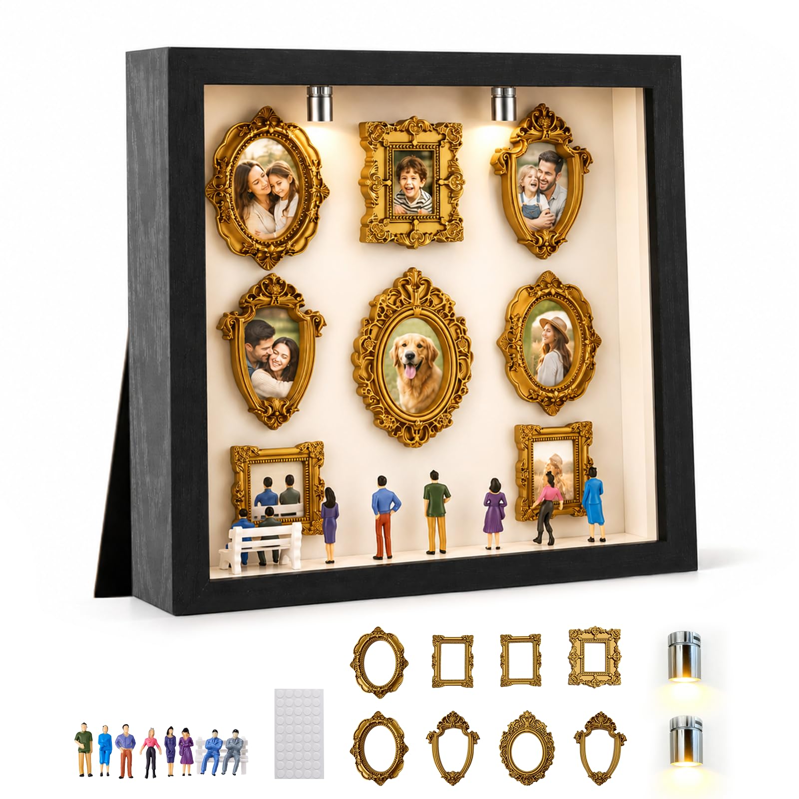 DIY Mini Museum Silhouette Box Set mit LED Licht – 8 Goldene Rahmen & 8 Figuren, Museum of Us, Mini Bilderrahmen Vintage, Miniatur Bilderrahmen für Geschenk,Idee für Jahrestag Geschenke Freunde