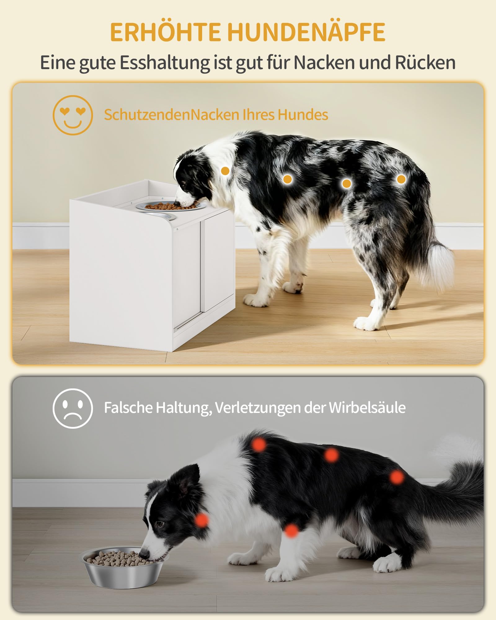Hzuaneri Erhöhter Hundenapf mit Schiebetür-Aufbewahrung, 2 x 2 L Edelstahlnäpfe, 46 cm Hoch, Futterstation für Mittelgroße Bis Große Hunde, Mattweiß PB88003W