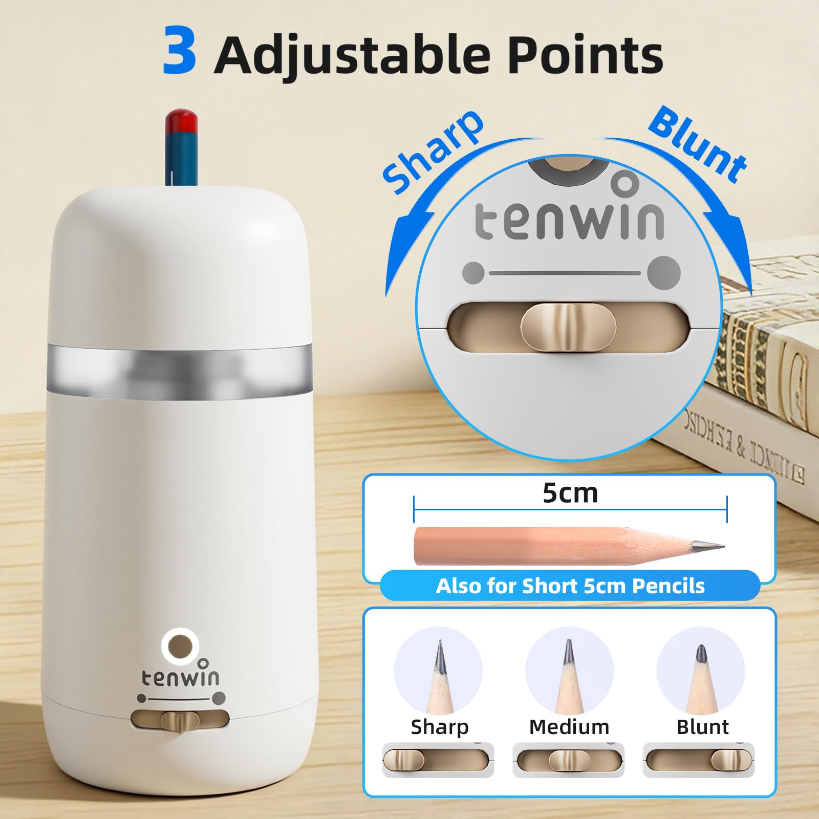 tenwin Sacapuntas eléctrico totalmente automático, recargable y portátil, afilado rápido de lápices y lápices de colores de 7 a 12 mm, ideal para el hogar, la oficina y la escuela (blanco)
