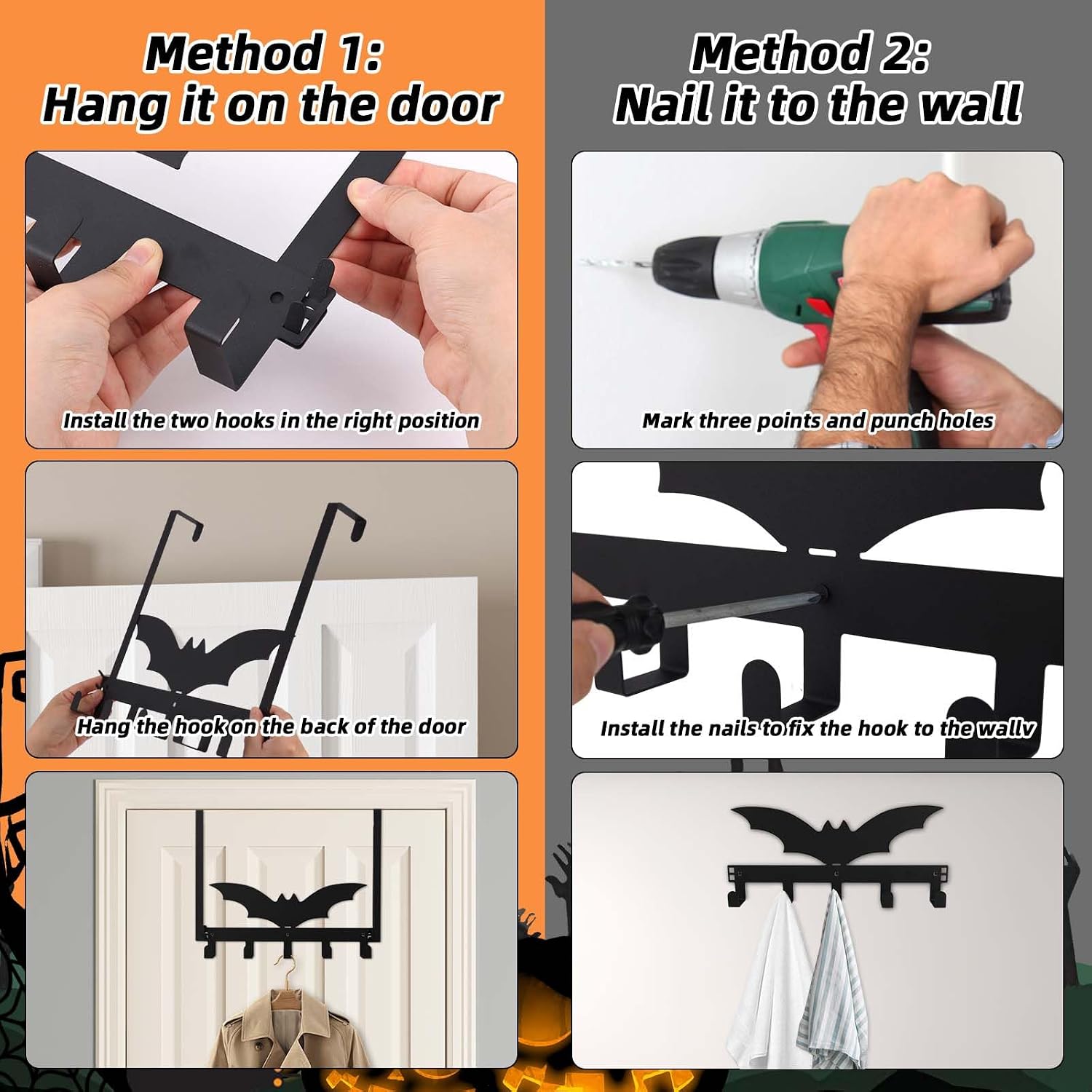Tinoaly Gothic Over The Door Hooks Wall Mounted Towel Rack, Black Metal Bat Towel Hats Bags Key Clothes Holder Halloween Wall Mount Hanger Holder Bat Bathroom Decoration for Home