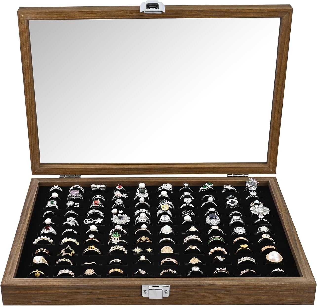 MOOCA Ring Box Jewelry Display Tray, Display Case Accessories Storage Box with Tempered Glass Hinge Lid, Black Lined Jewelry Tray for Rings, Walnut/Black Color, 14.1W x 10.2D x 2.1H in