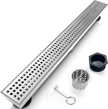 28 Inch Removable Cover Linear Shower Drain 304 Stainless Steel Rectangular Floor Drain for Kitchen Bathroom Square Hole Pattern Drain with Accessories Hair Strainer Adjustable Leveling Feet Silver