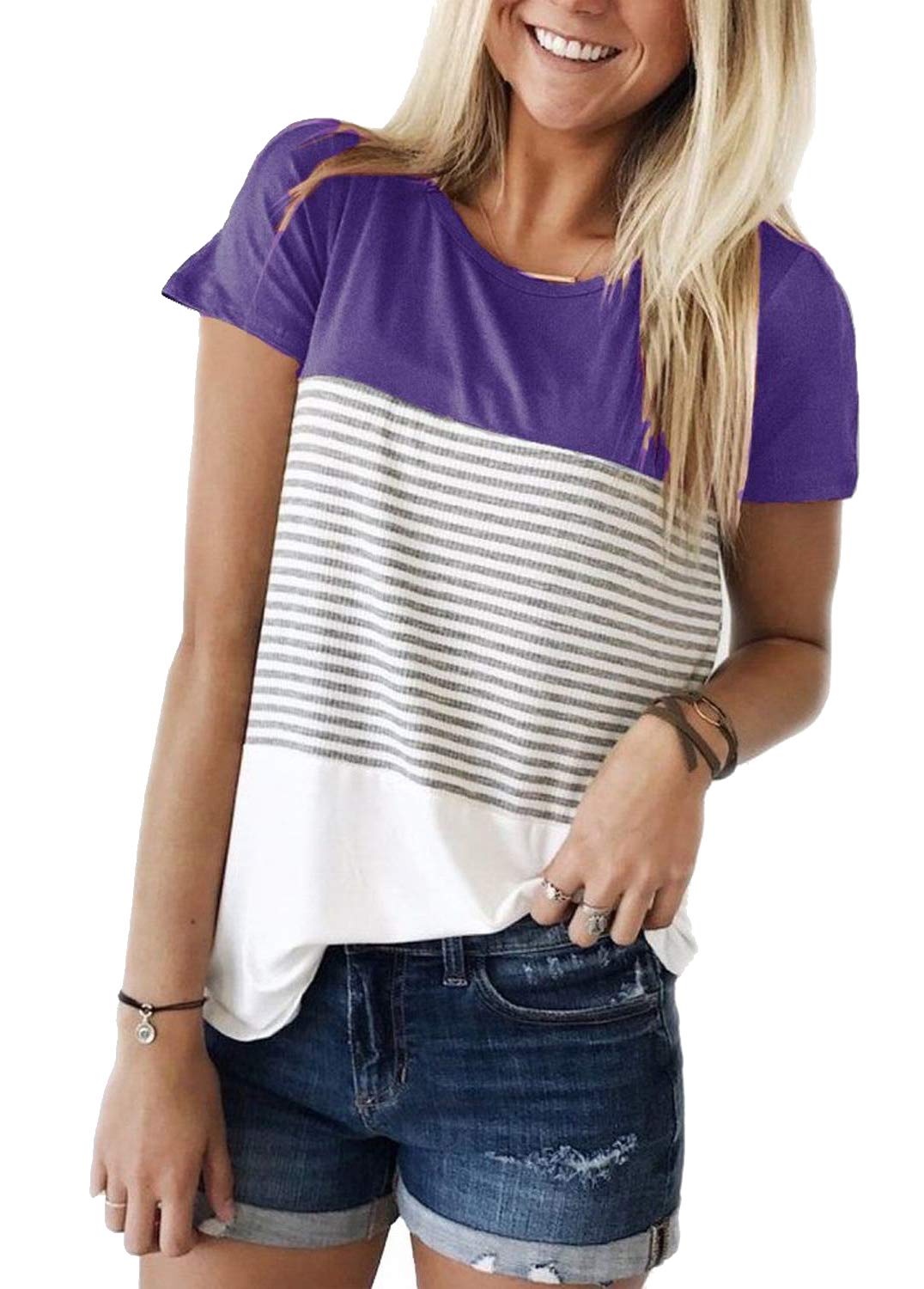 ZAWAPEMIA Women's Striped T-Shirt Crew Neck Triple Color Block Short Sleeve Tops Casual Blouse