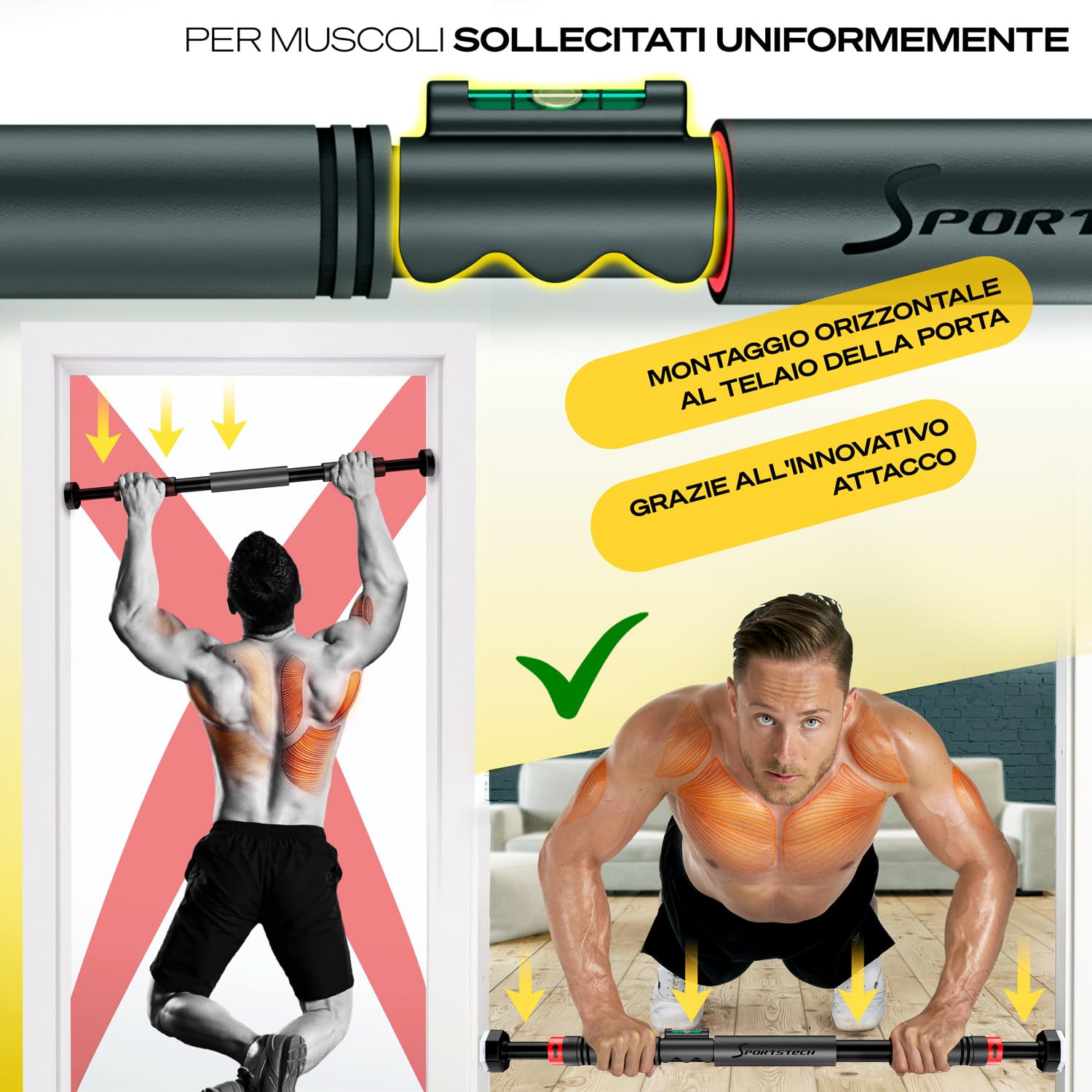 Barra di trazione con innovativa funzione di bloccaggio | sicura & veloce senza viti nel telaio della porta | fino a 200 kg | Indoor Pull Up Bar regolabile fino a 90 cm | SPORTSTECH KS260 / KS270 incl. eBook