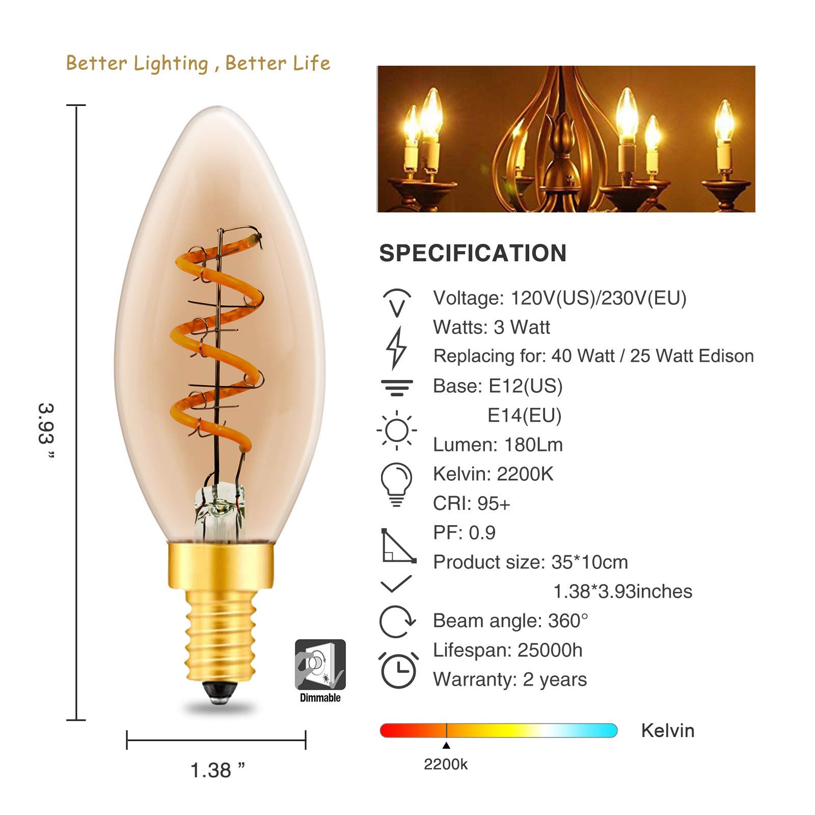 C35 LED Edison vela casquillo E14, regulable 3W blanco cálido 2200K, vidrio ámbar, alto CRI95, equivalente a 40 vatios, filamento en espiral con aspecto retro vintage, paquete de 12