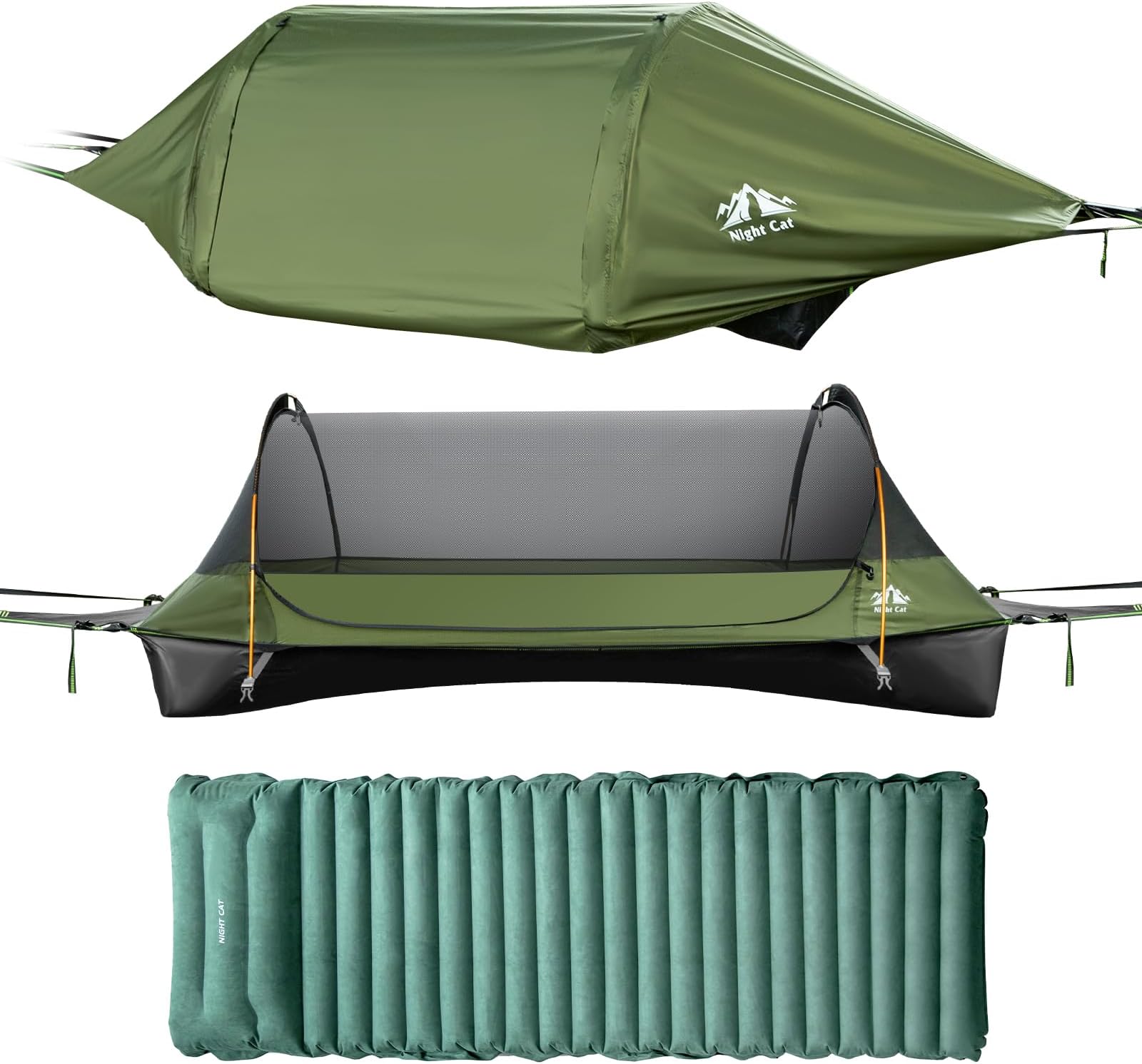Night Cat Lay Flat Hammock: Flat Bottom with Mosquito Net Waterproof Rainfly for 1 Person Camping in Garden Backyard Wild Green Pro