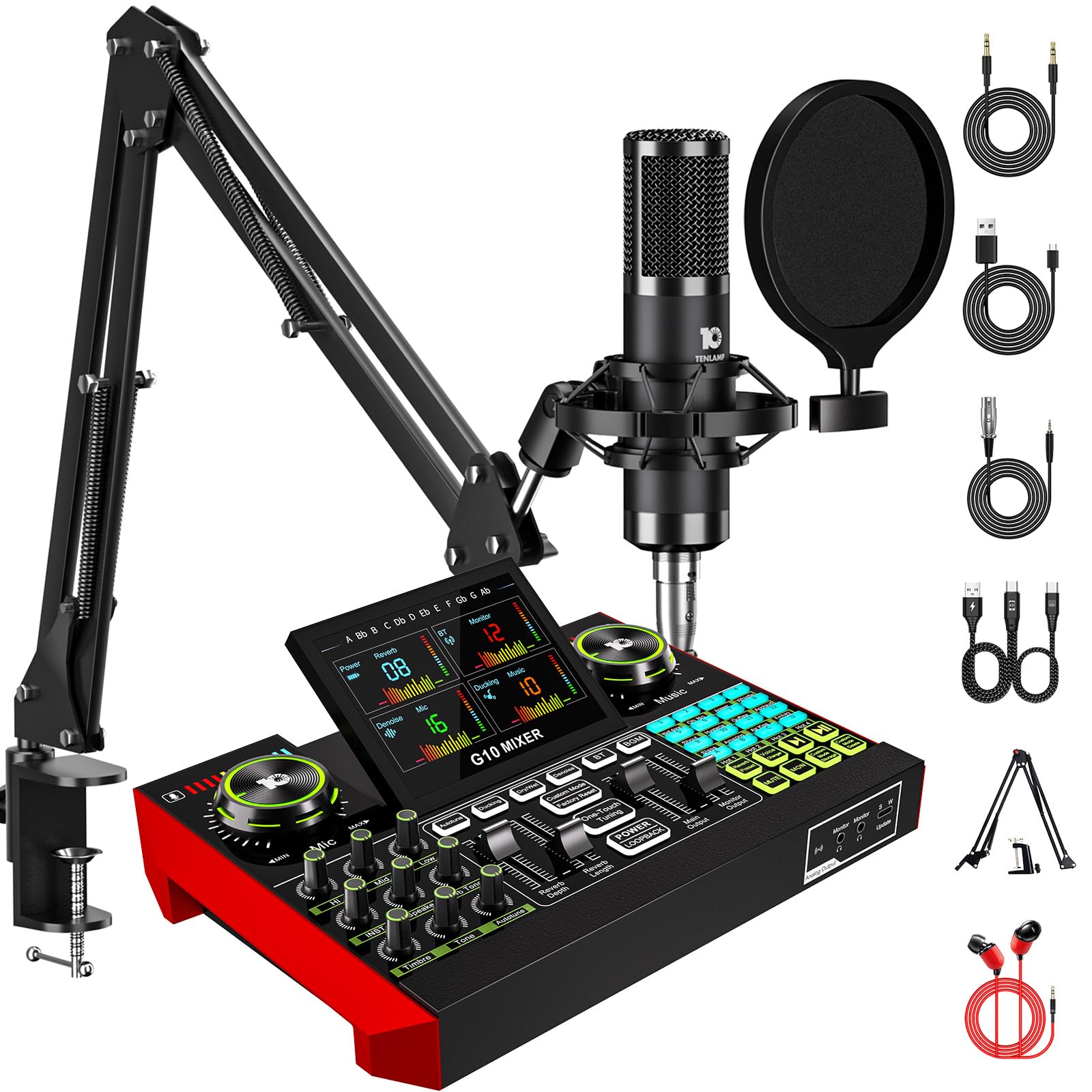 Podcast Equipment Bundle with 3.5mm Condenser Microphone for Pc/Phone Live Streaming Singing Gaming, Podcast Microphone Bundle with Live Sound Board Audio Mixer Denoise,DJ Sets
