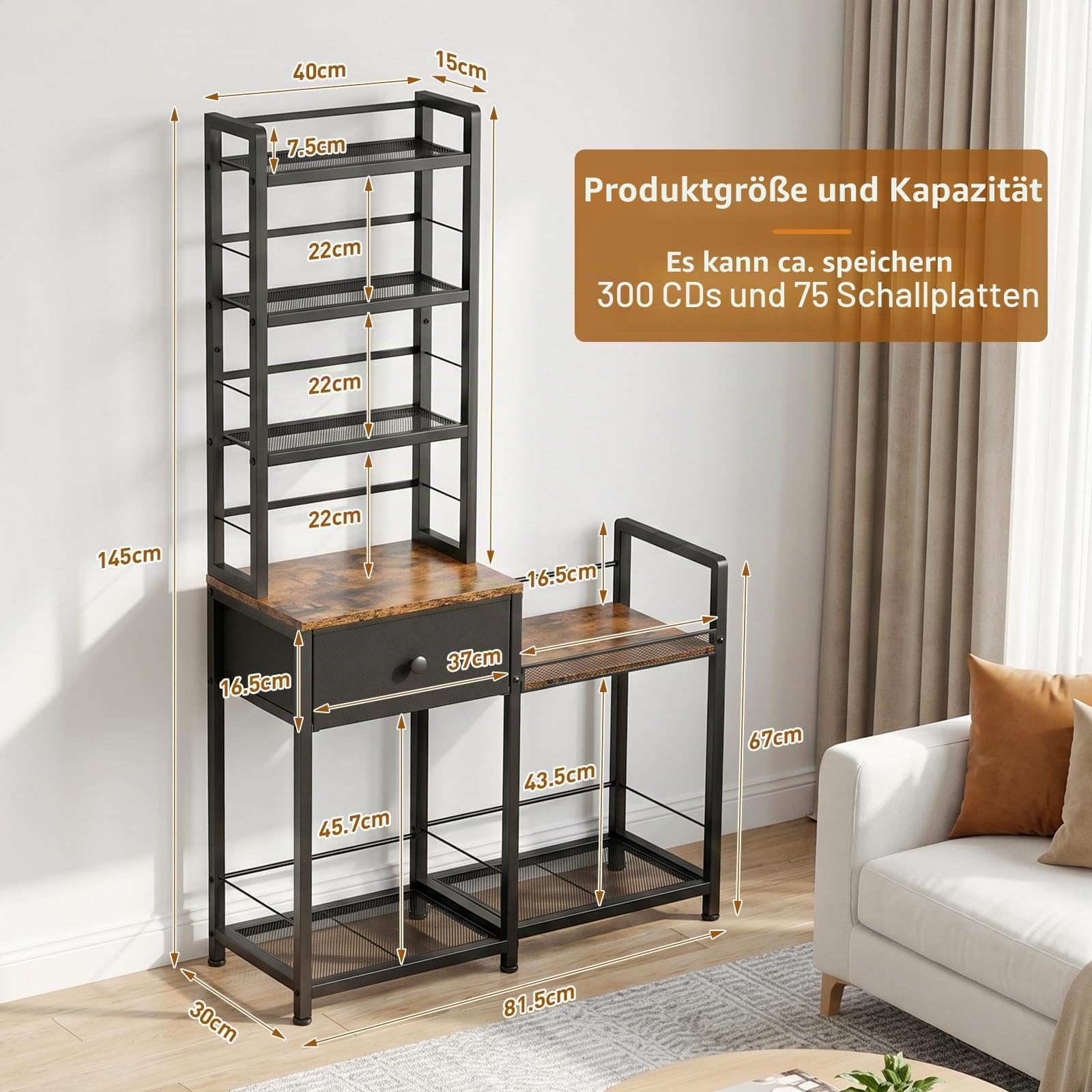 ikkle CD-Regal mit Schallplatten Regal – 7 Stufen DVD Regal mit Schublade & Plattenspielerständer, für 150 DVDs oder 300 CDs, 75 Schallplatten, Bücher, CD-Ständer für Wohnzimmer, Schlafzimmer & Büro