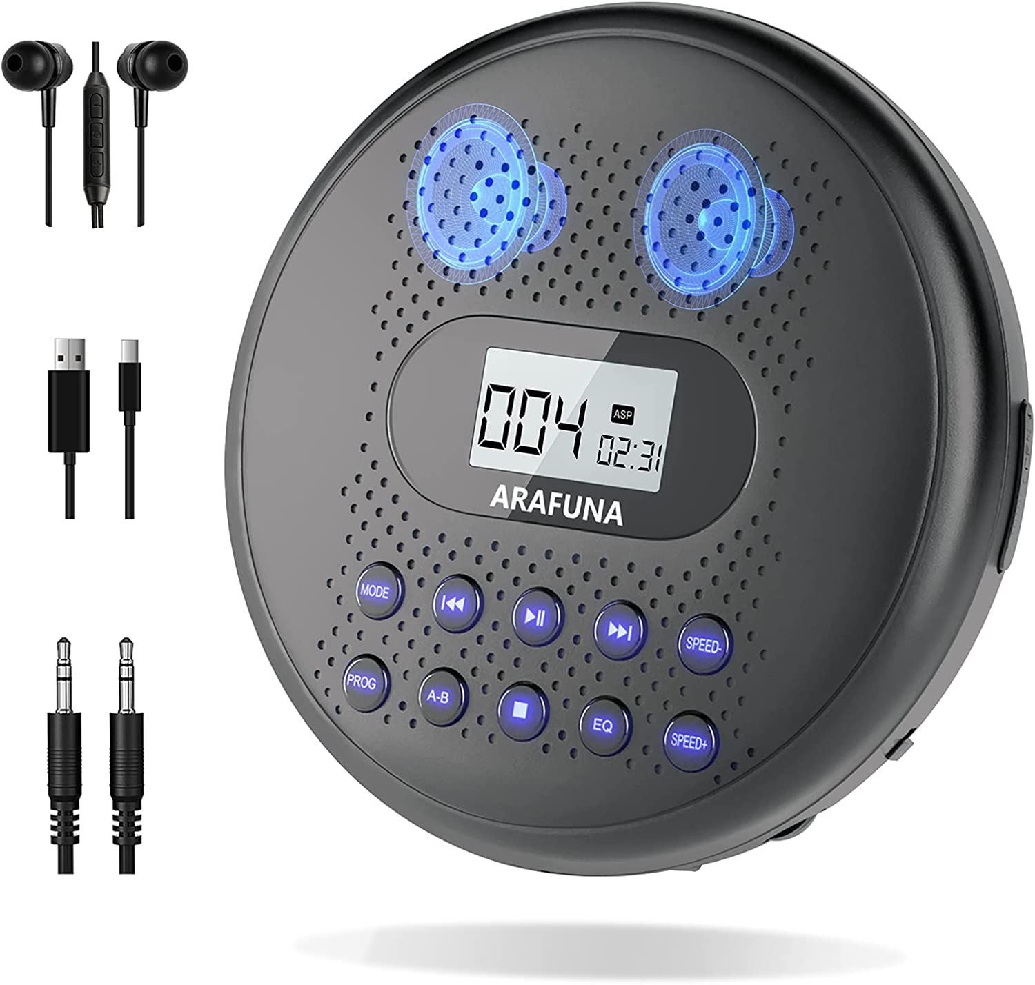Arafuna Lecteur CD Portable avec Haut-parleurs et Batterie Lithium Intégré de 1400 mAh, Lecteur CD avec Protection Anti-Saut, Baladeur CD avec Casque et câble AUX