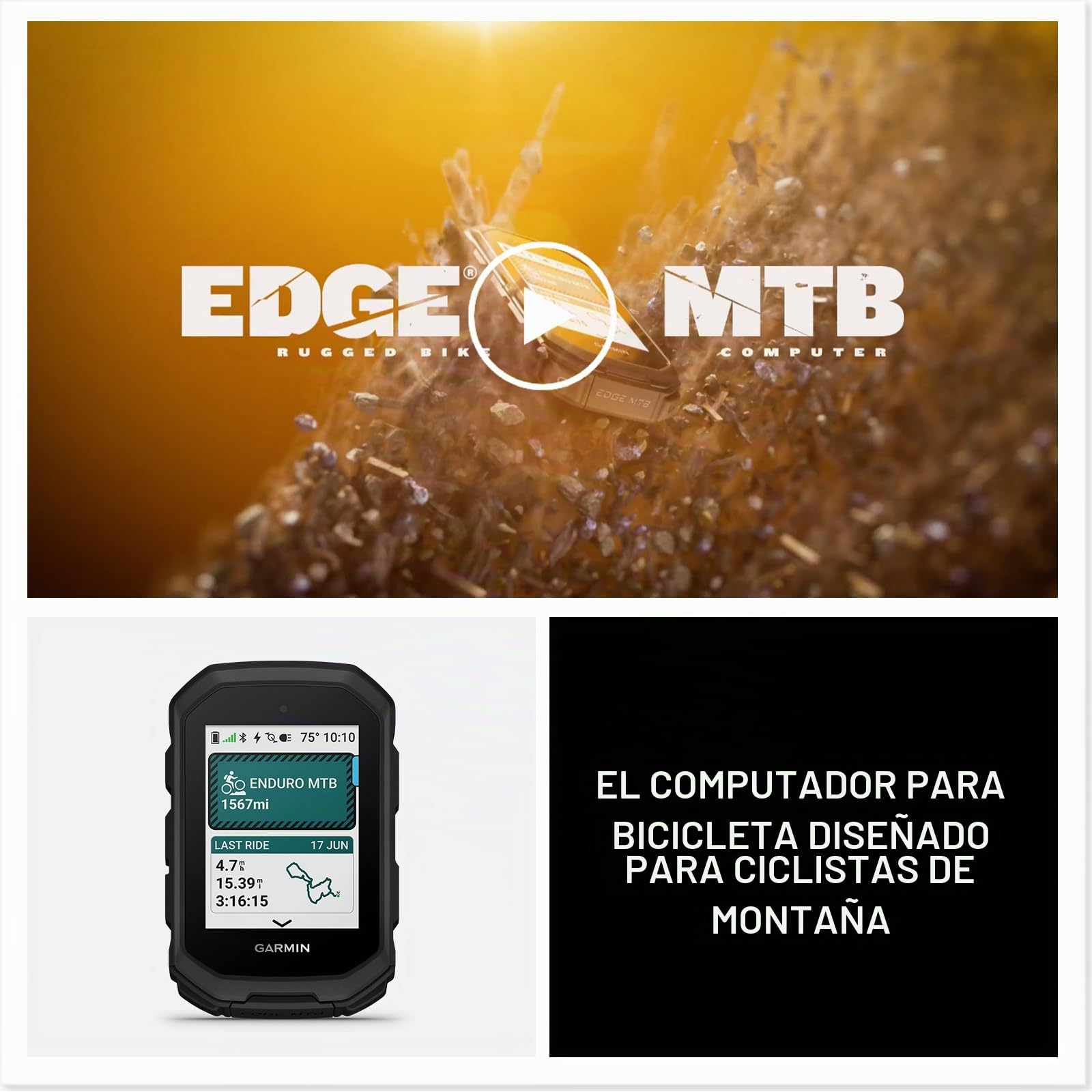 Garmin Edge MTB Rugged GPS - Paquete de computadora para bicicleta | Para ciclismo, entrenamiento y navegación, mapas de senderos a todo color precargados, incluye kit de limpieza