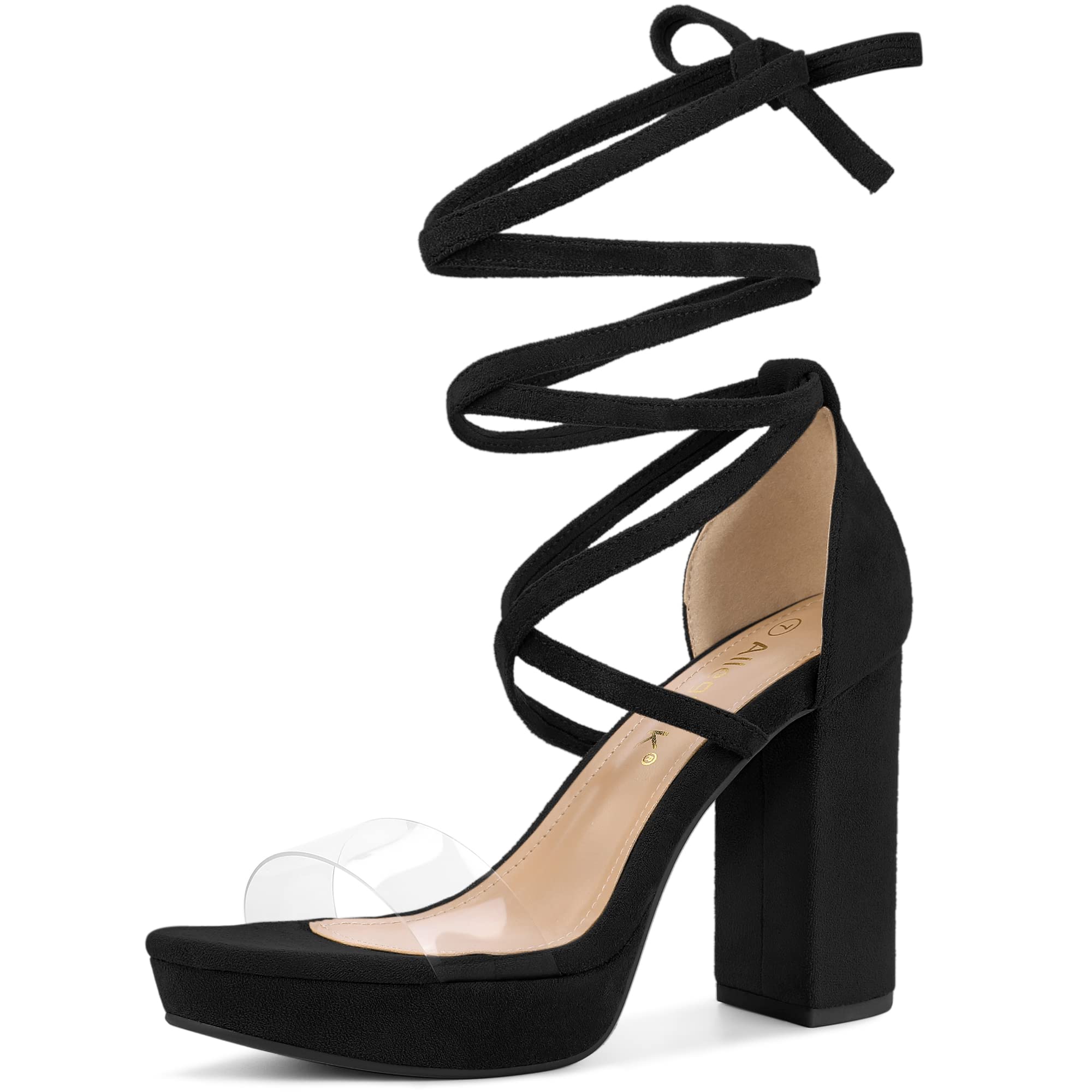 Allegra K Women Faux Suede Platform Lace Up Clear Chunky Heels Sandals