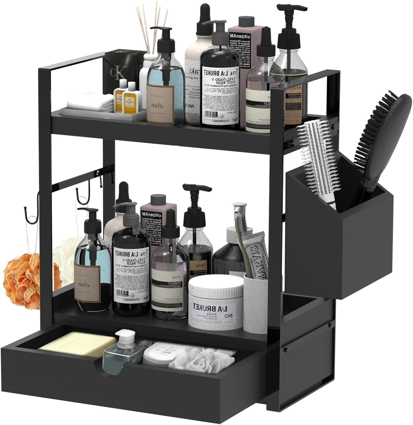 Goliross 2-Tired Bathroom Counter Organizers and Storage, Coffee Bar Organizer with Drawer, Solid Wood Skincare Perfume Organizer for Vanity Kitchen