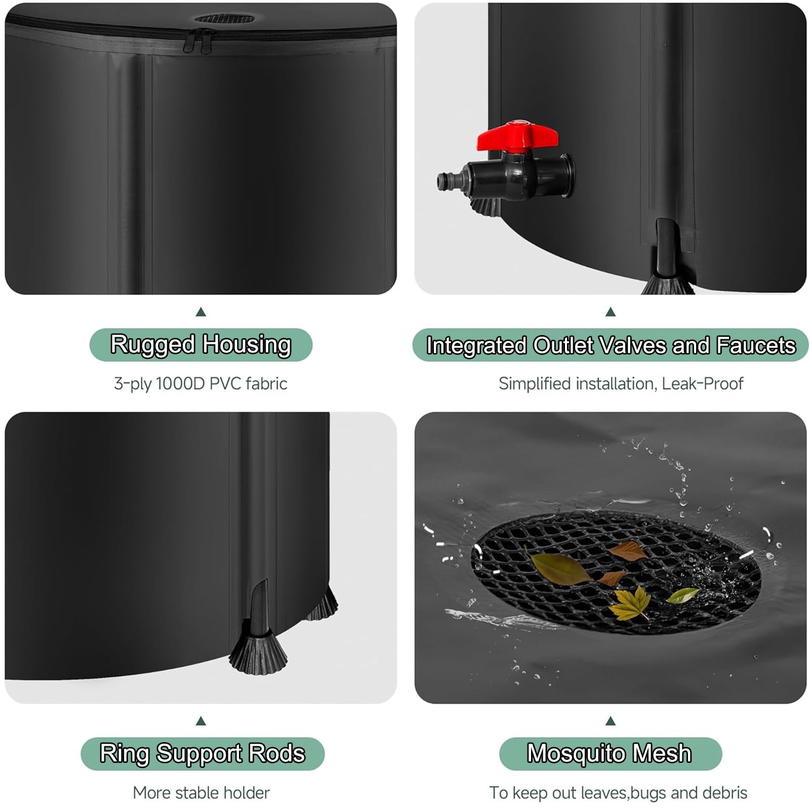 Sistema portátil de recolección de Agua de Lluvia de 1350 l para riego de Jardines (Negro)
