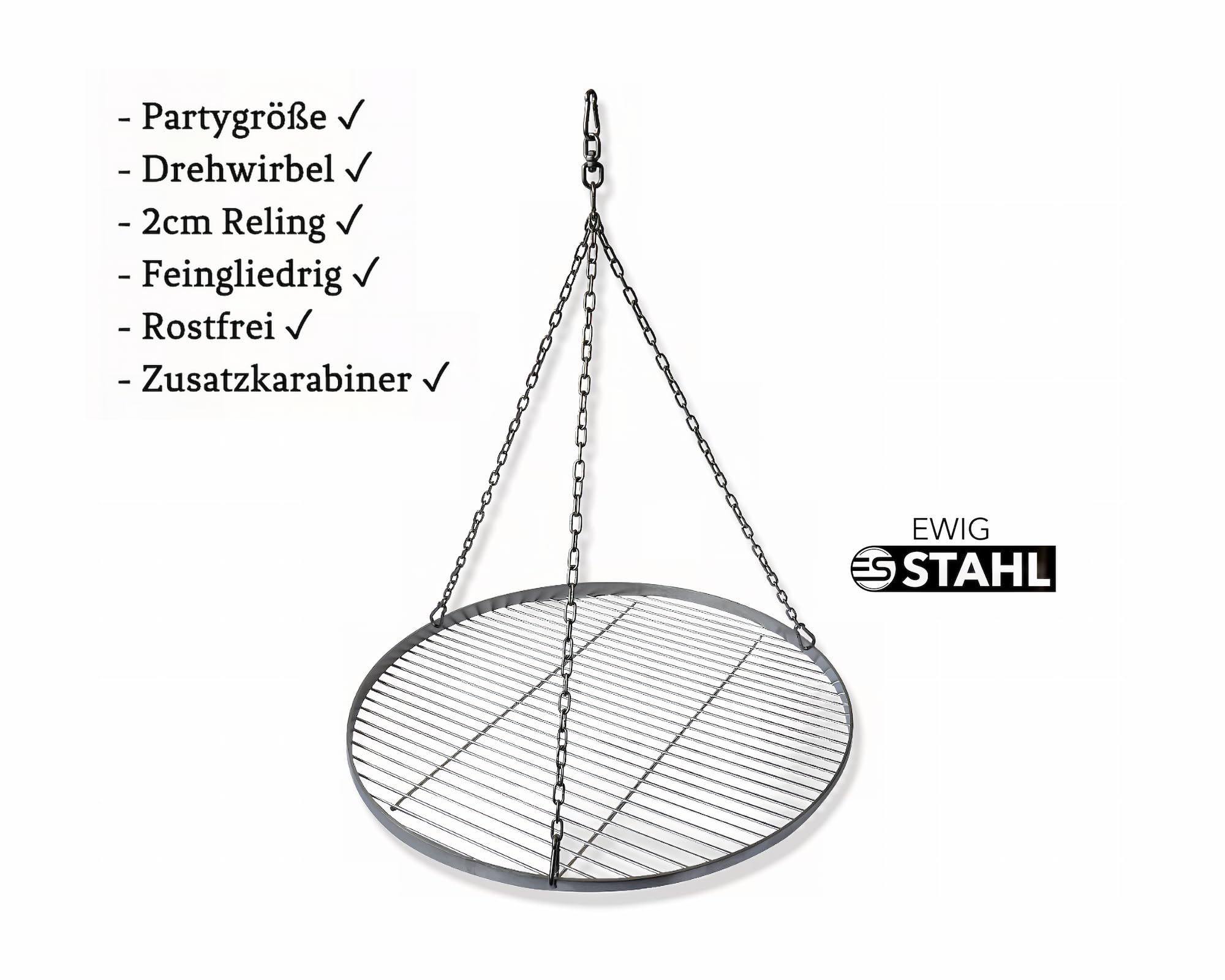 Edelstahl Grillrost Restposten Ø 60 cm – Feingliedriger Grillrost, rund mit Drehwirbel, rostfrei, mit Reling als Grillgut-Absturzsicherung, für Schwenkgrill, Grill Gitter