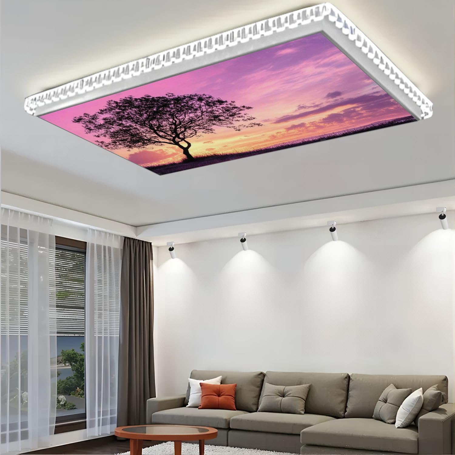 Fluorescent Light Covers for Ceiling Lights Silhouette Tree Grass Pink Purple Sky Cloud Easy to Install Magnetic Light Filter for Classroom Office Hospitals School Home Decor