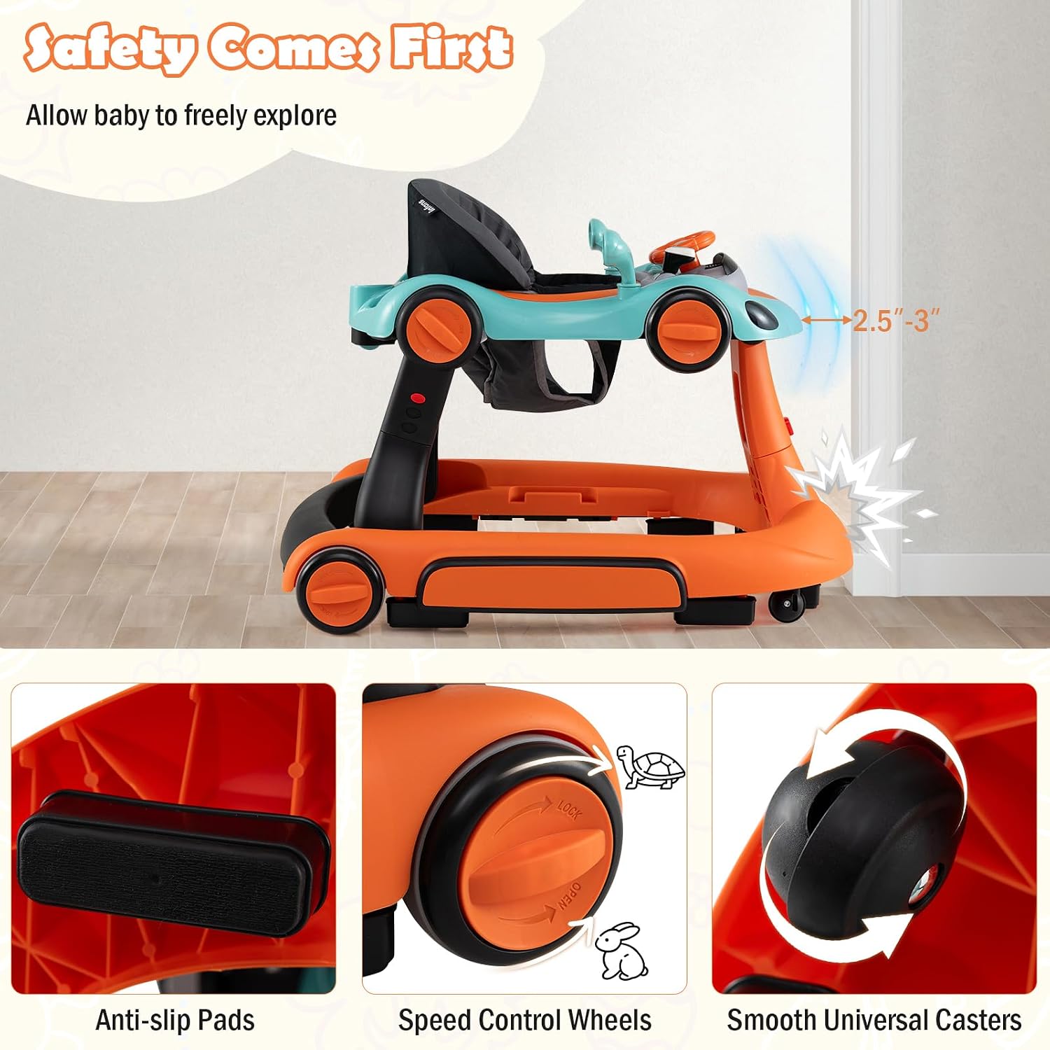 HONEY JOY Baby Walker, 7-in-1 Foldable Baby Bouncer and Rocker Combo, Infant Activity Center w/Canopy, Wheels, Adjustable Height/Speed, Music, Lights, Walker for Baby Boy Girl 7-18 Months (Orange)