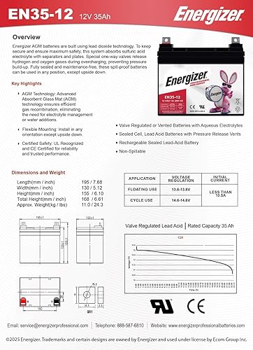 Miniatura 7 de Energizer EN35-12, 12 voltios, 35 amperios hora, batería recargable AGM sellada de larga duración, ideal para uso en sillas de ruedas, scooters