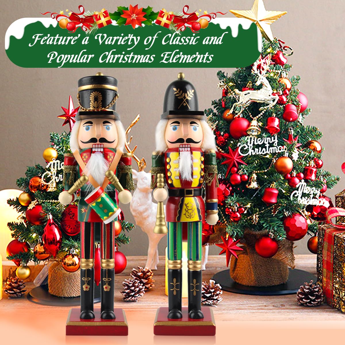 Nussknacker Figur, 2 Große Nussknacker Weihnachtsfiguren aus Holz, Soldat im Erzgebirge-Stil, Handbemalter Traditionelle Weihnachtsdeko(A)