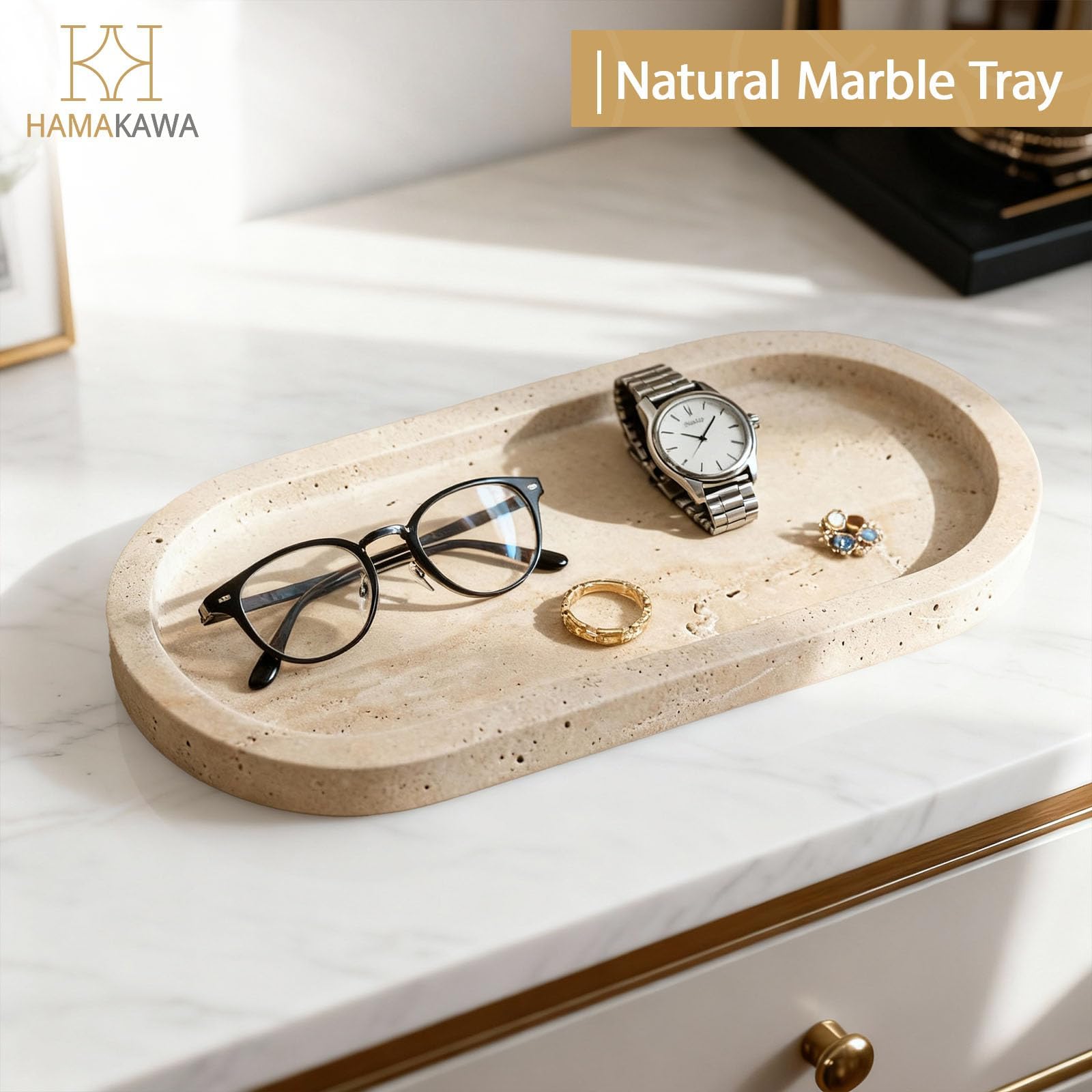 Plateau Decoratif Ovale, Plateau Marbre Naturel 25 cm, Beige Plateaux Salle de Bain, Plateaux Parfum Modernes Travertin, Rangement Comptoir pour Bijoux, Cosmétiques, Bougie