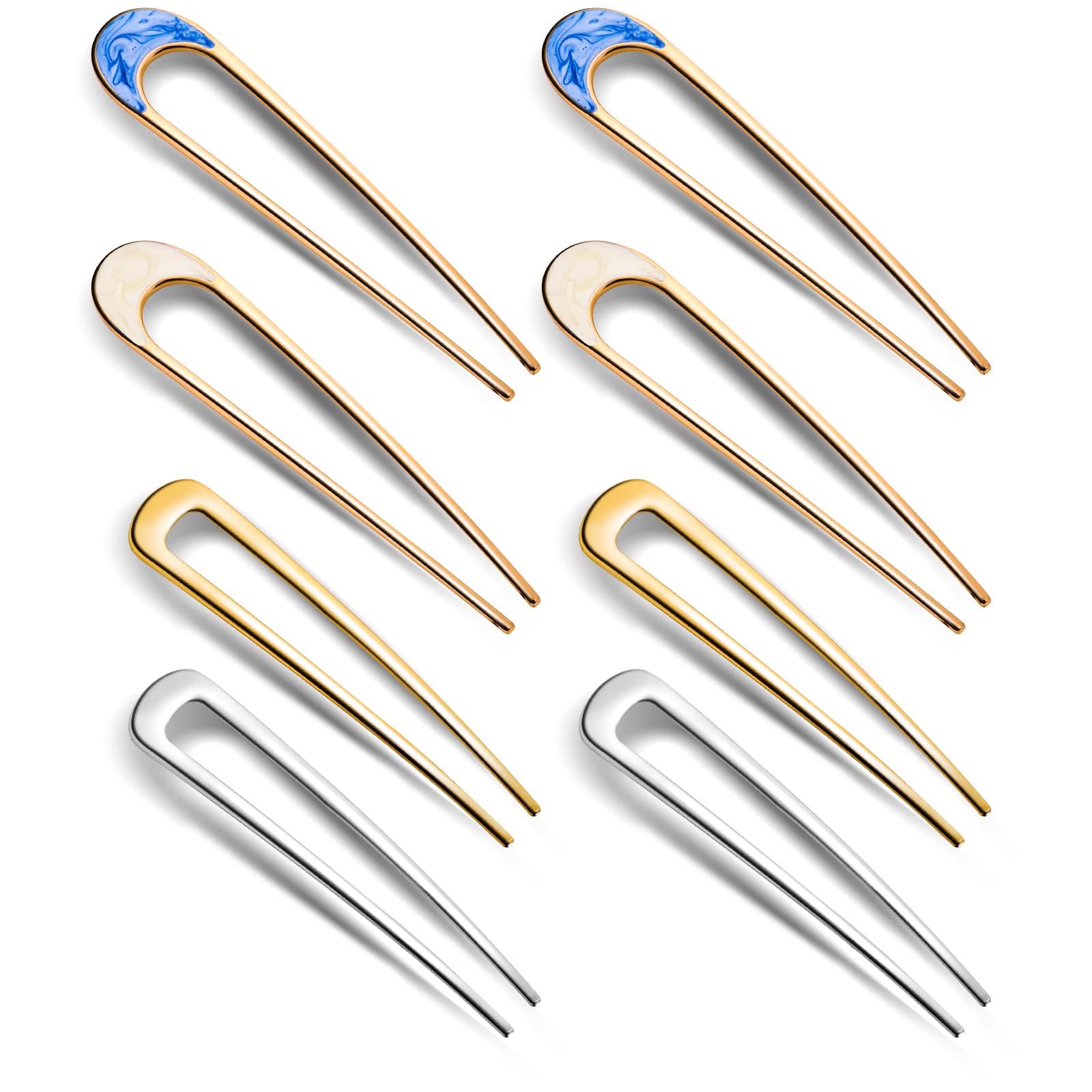 Photo 1 of Lusofie 8Pcs U Shaped Metal Hair Pins French Hairpin Hair Stick Fork 2 Prong Updo Chignon Pins for Women(Gold, Silver) and 4 Pcs Hair Clips