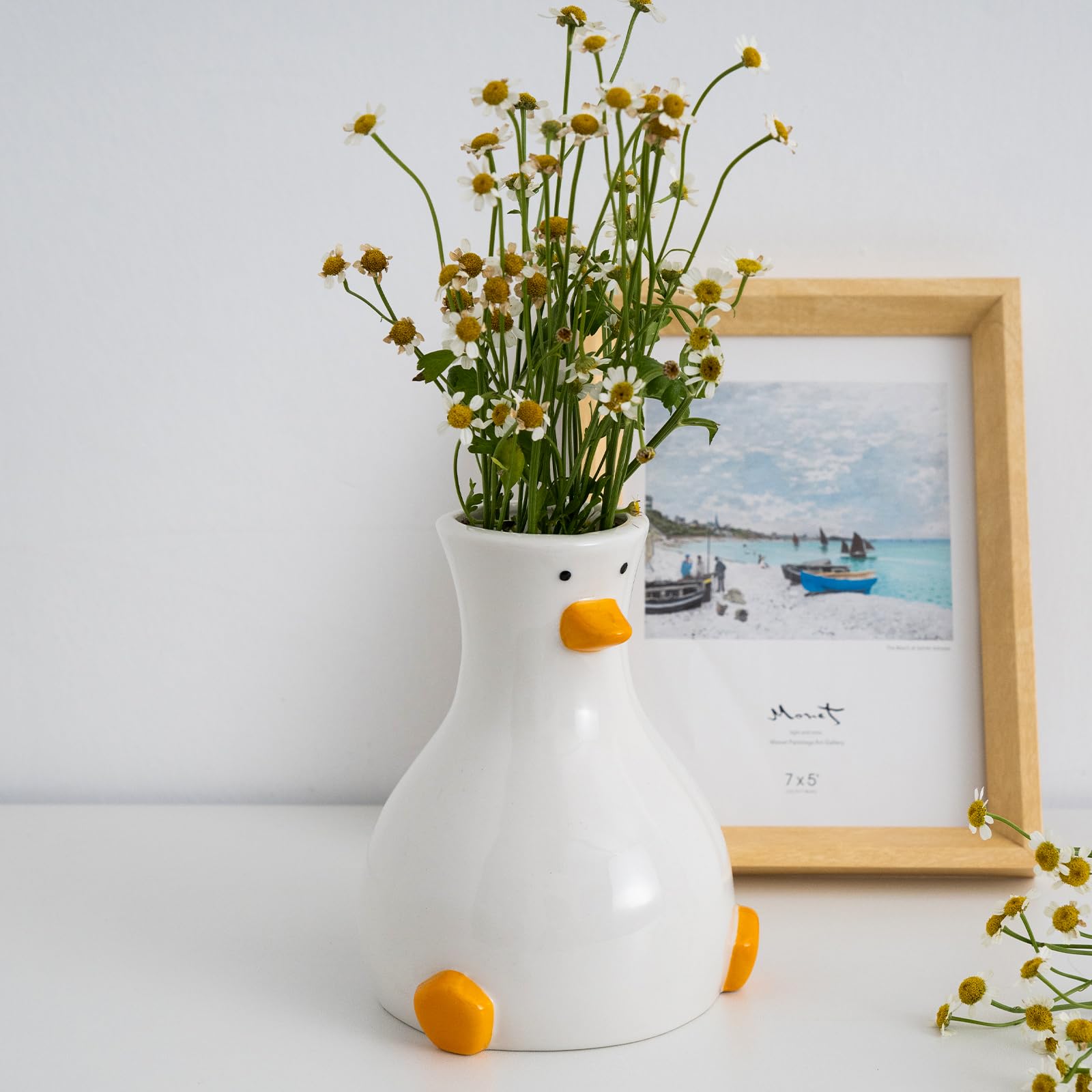 MOUGIGI Handgefertigte Keramik-Entenvase – weiße moderne Blumenvase mit einzigartigem Enten-Design – runde ästhetische Tischdekoration – flippige und trendige Kunstvase