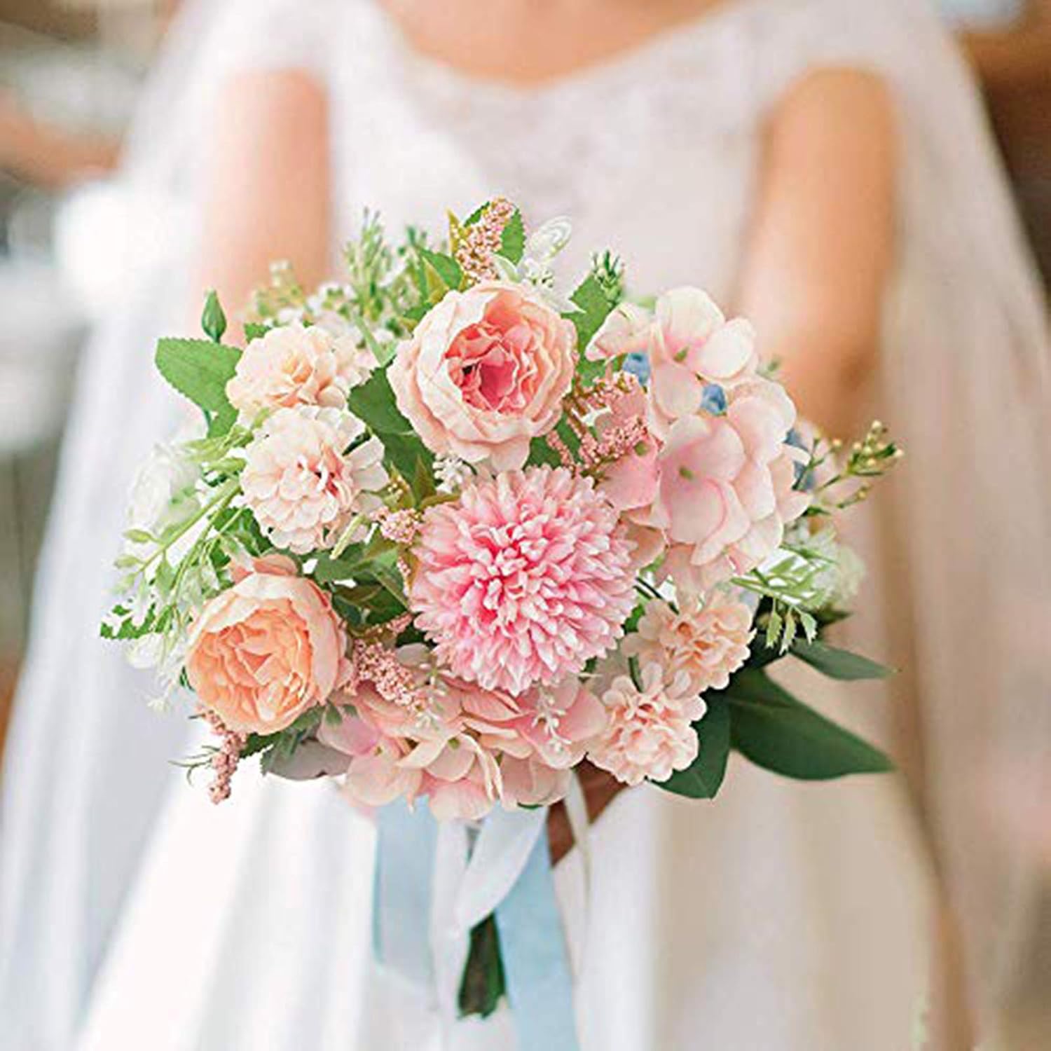 DDcafor 6 Pack Artificial Flowers, Fake Faux Peony Silk Hydrangea Plastic Carnations Daisy Realistic Flower Arrangements for Wedding Decoration Table Centerpieces, for Home Office Party Decor (Pink)