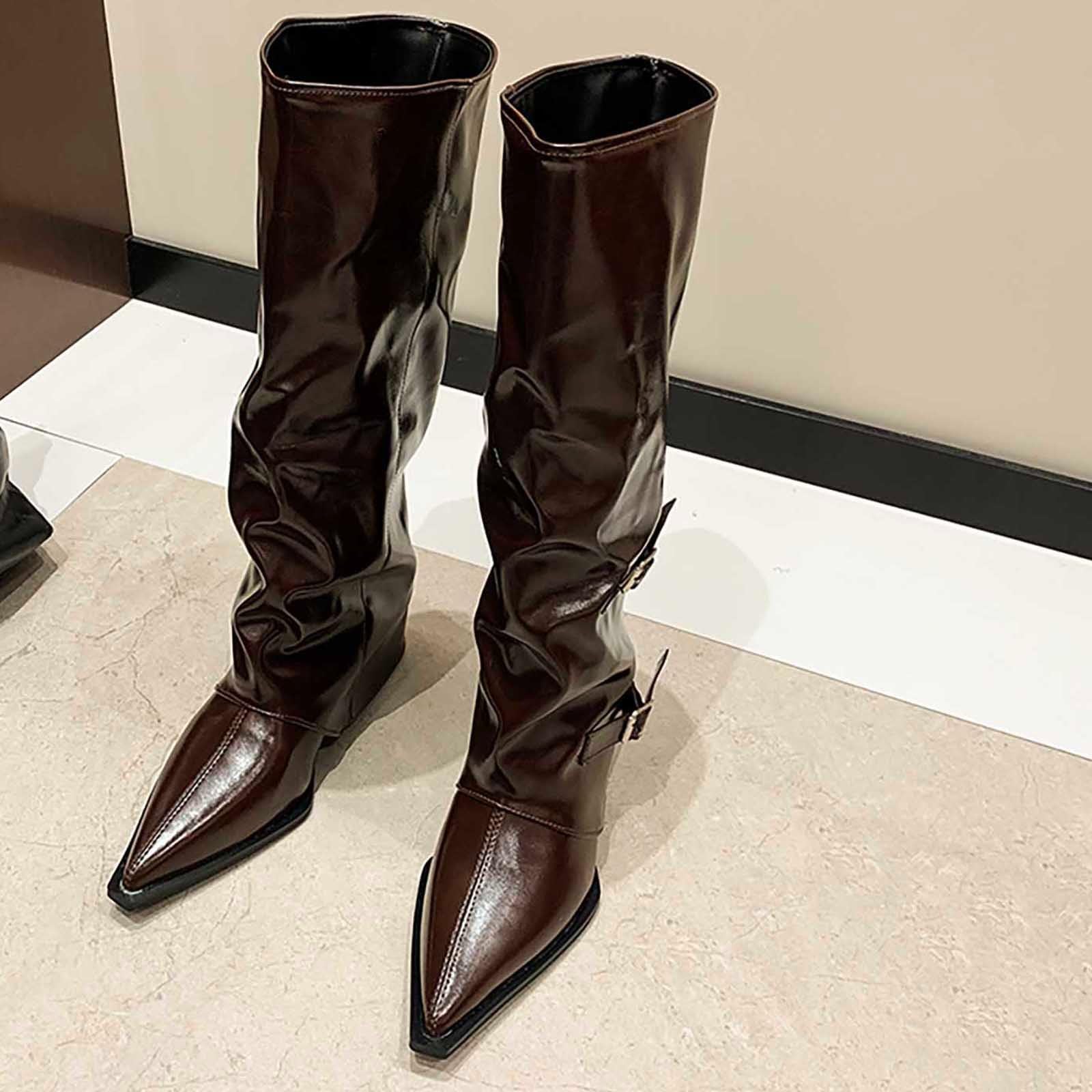 Bottes Mi-Mollet Femme Élégantes, Bout Pointu, Talon Bloc Haut, Simili Cuir