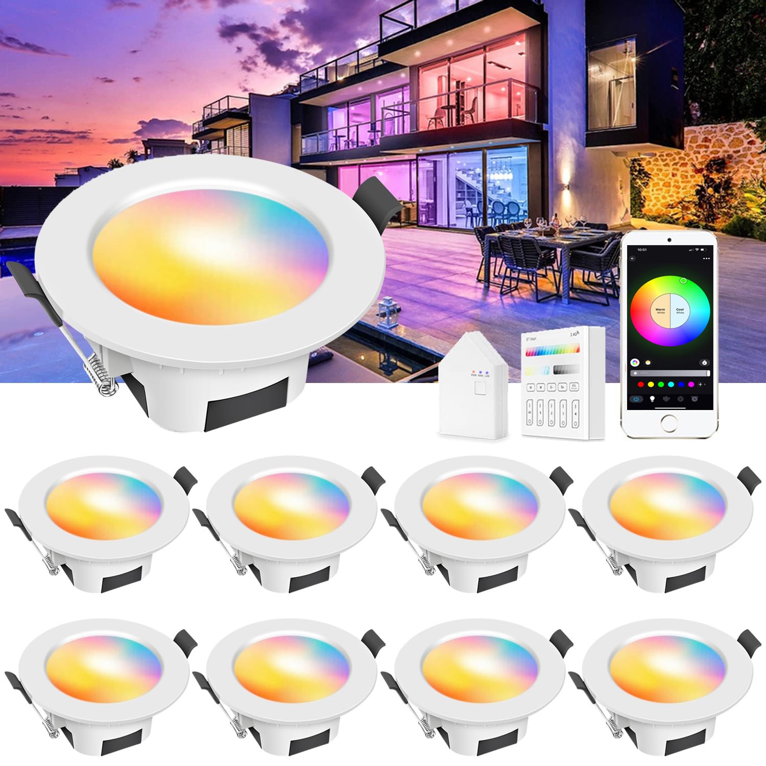 INDARUN 9W 700LM WiFi Led Downlights for Ceiling Dimmable RGBW, Bluetooth Recessed Ceiling Lighting for Living Room, Kitchen, KTV, Bars, Compatible with Amazon Alexa/Google Home (10 Packs)