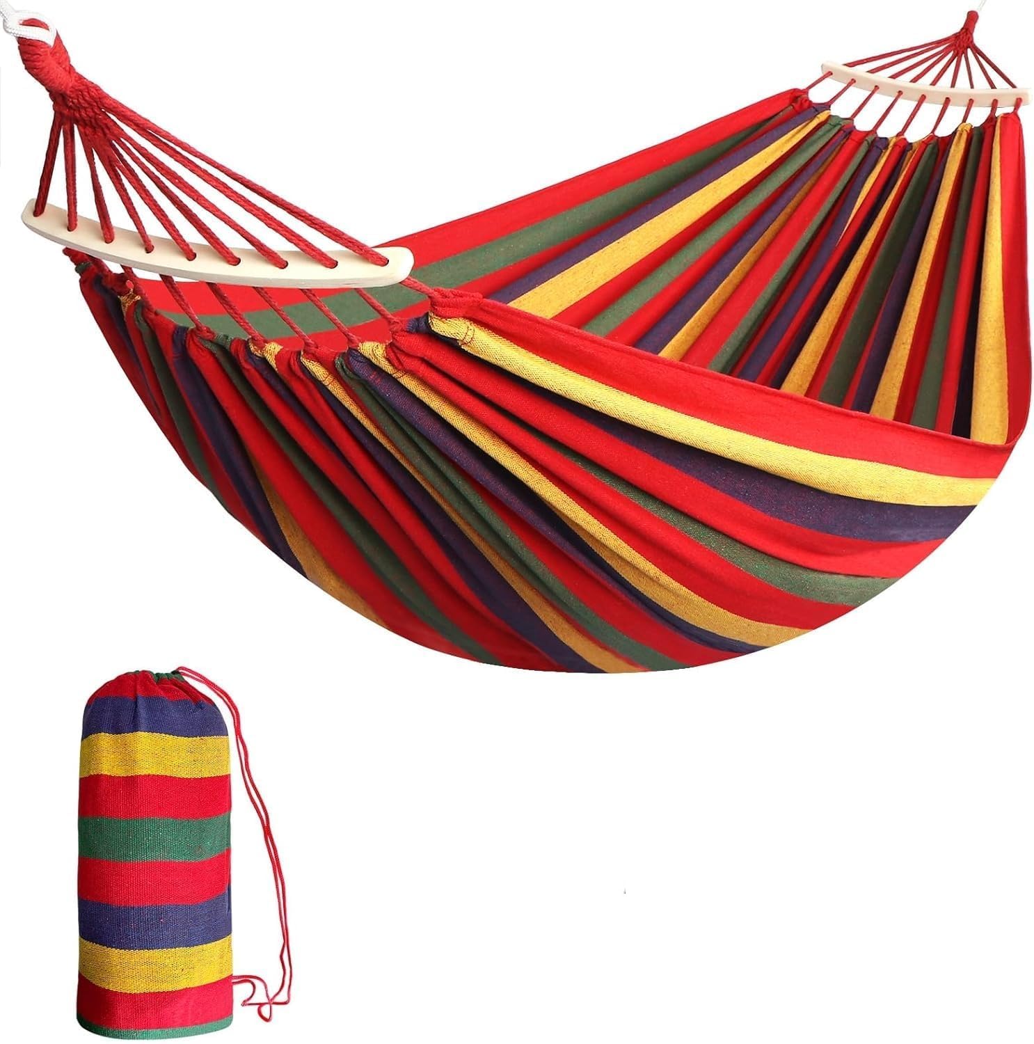 Portable Swing Canvas Stripe with Strong Hammocks Rope Beach Sleeping Bed Backpack Spreader Bar Tree Hanging for Travel Garden Striped Ultralight Outdoor Jula Camping (Multicolor)-1pcs-image-8